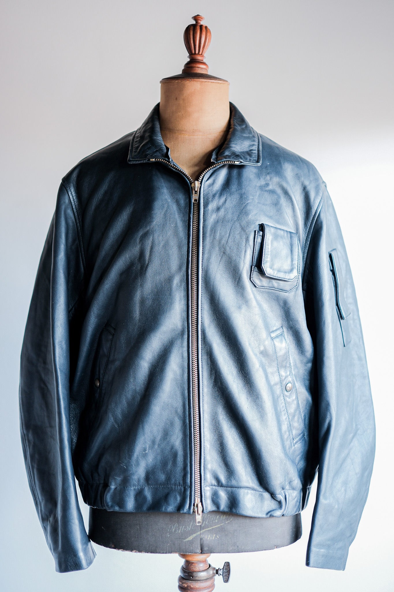 【~70's】French Air Force Pilot Leather Jacket With Chin Strap Size.100L