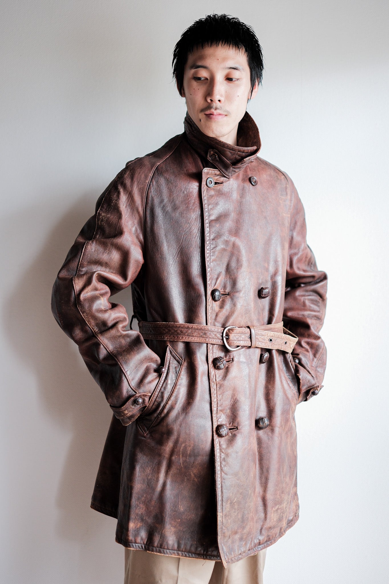 【~40's】French Vintage Double Breasted Brown Leather Coat With Chin Strap