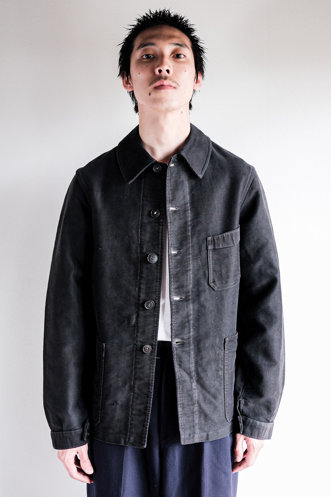 【~40's】French Vintage Black Moleskin Work Jacket "Unusual Pocket"