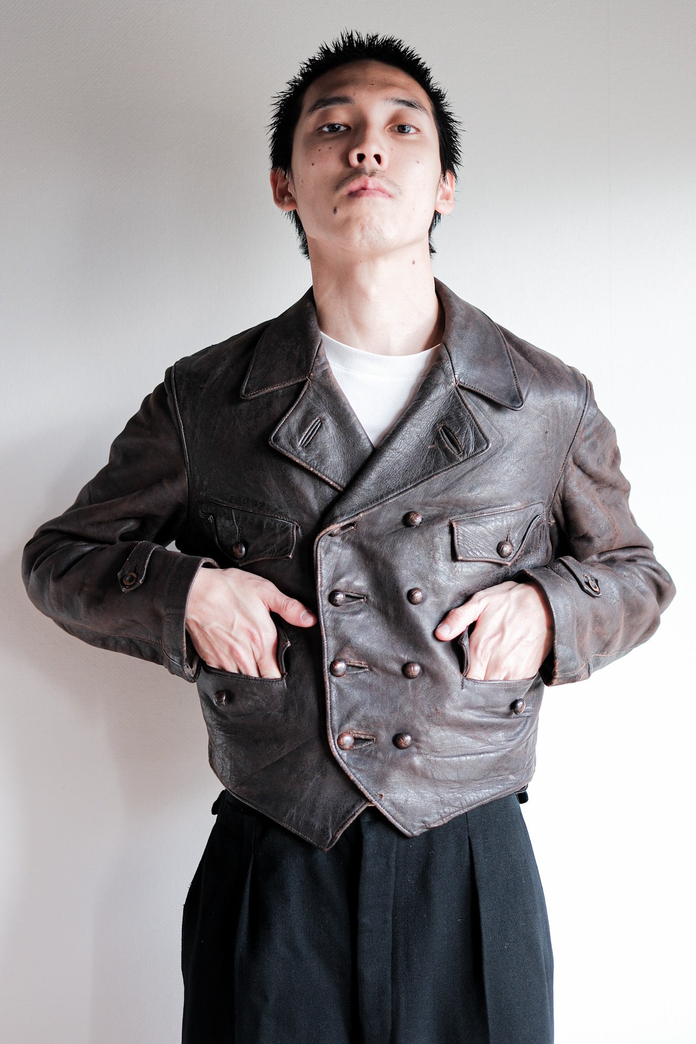 【~40's】German Vintage Double Breasted Motorcycle Leather Jacket
