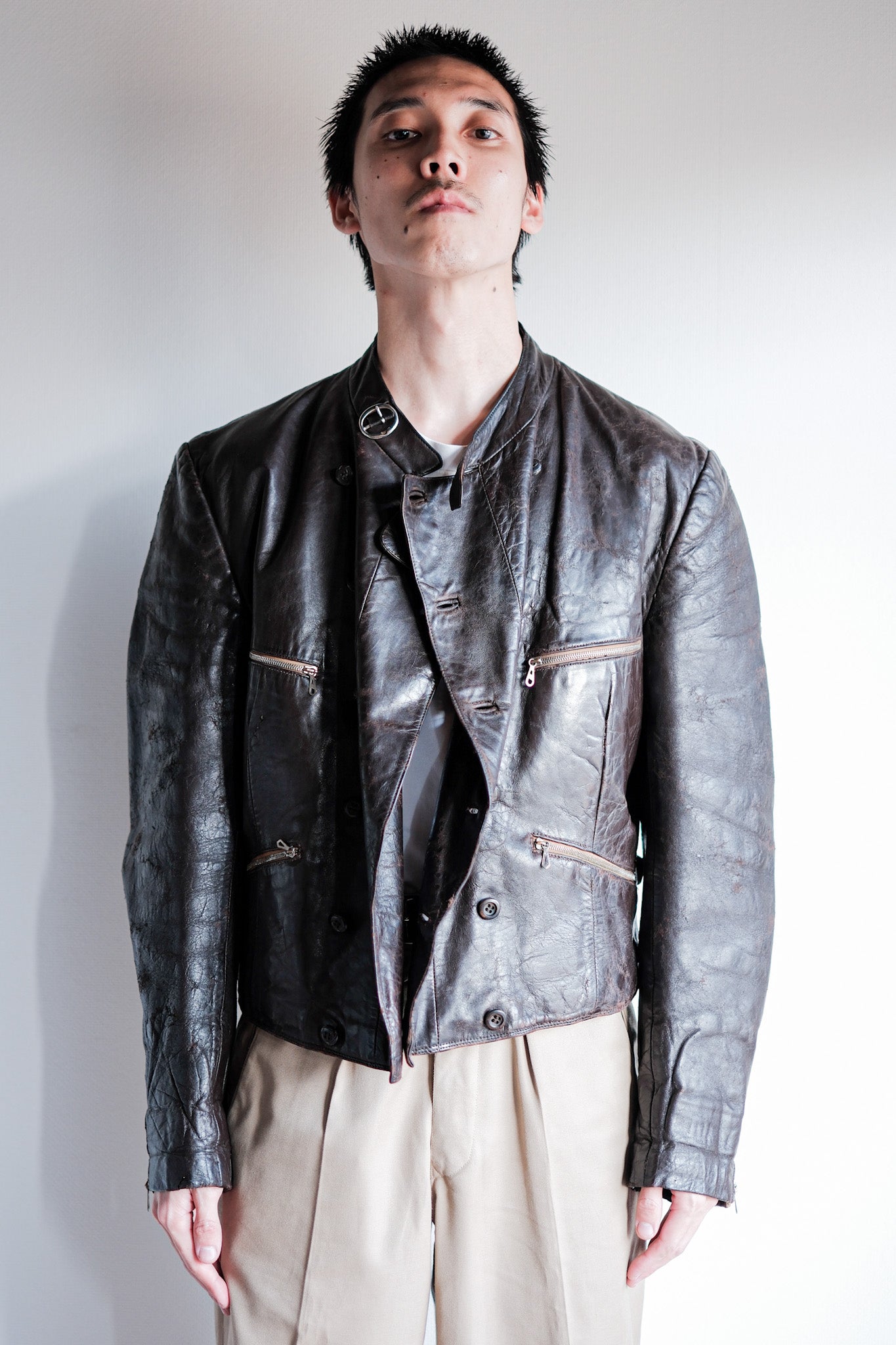 【~40's】German Vintage Double Breasted Motorcycle Leather Jacket