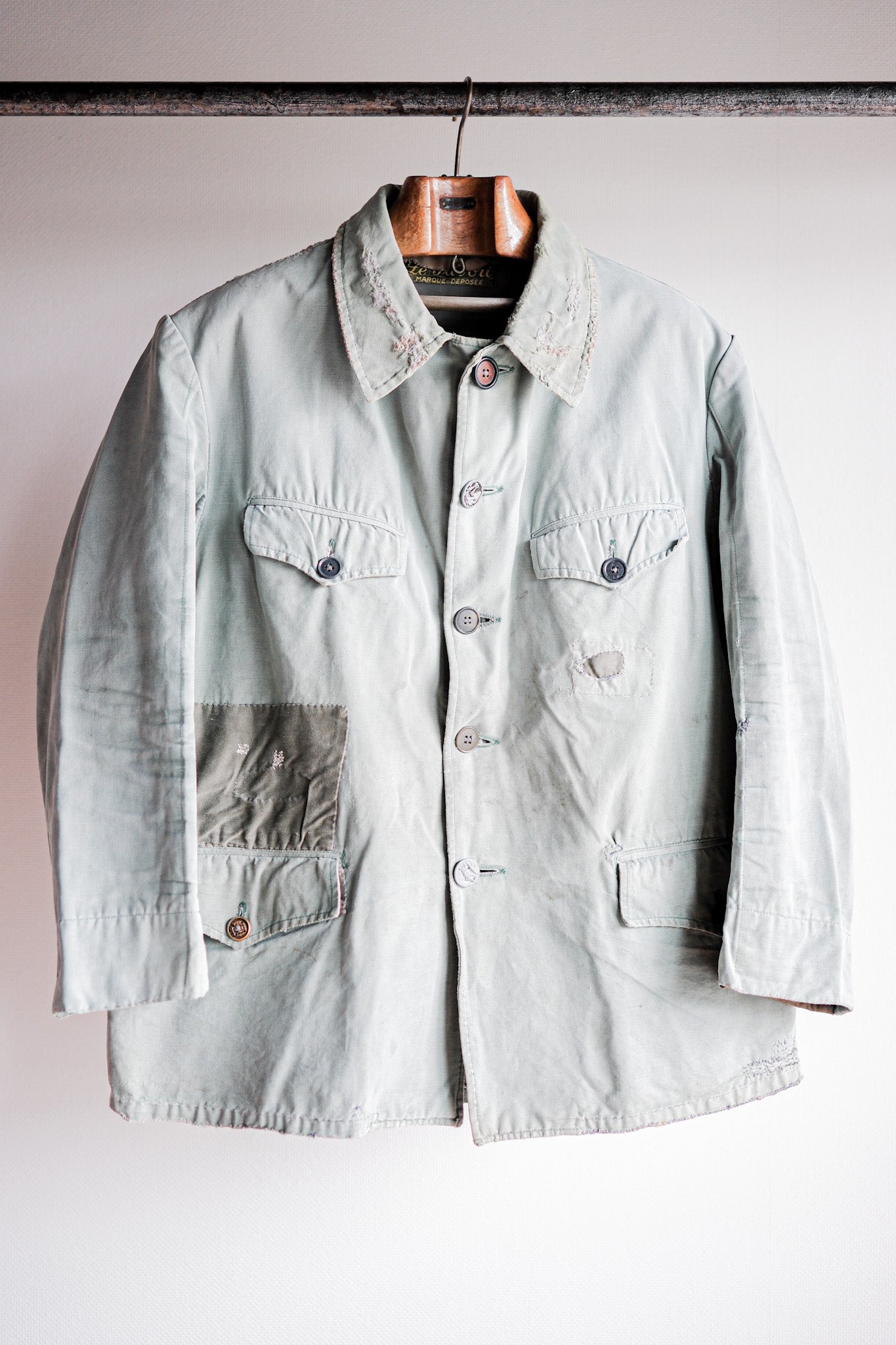 【~50's】French Vintage Green Cotton Canvas Hunting Jacket With Chin Strap "Patchwork"