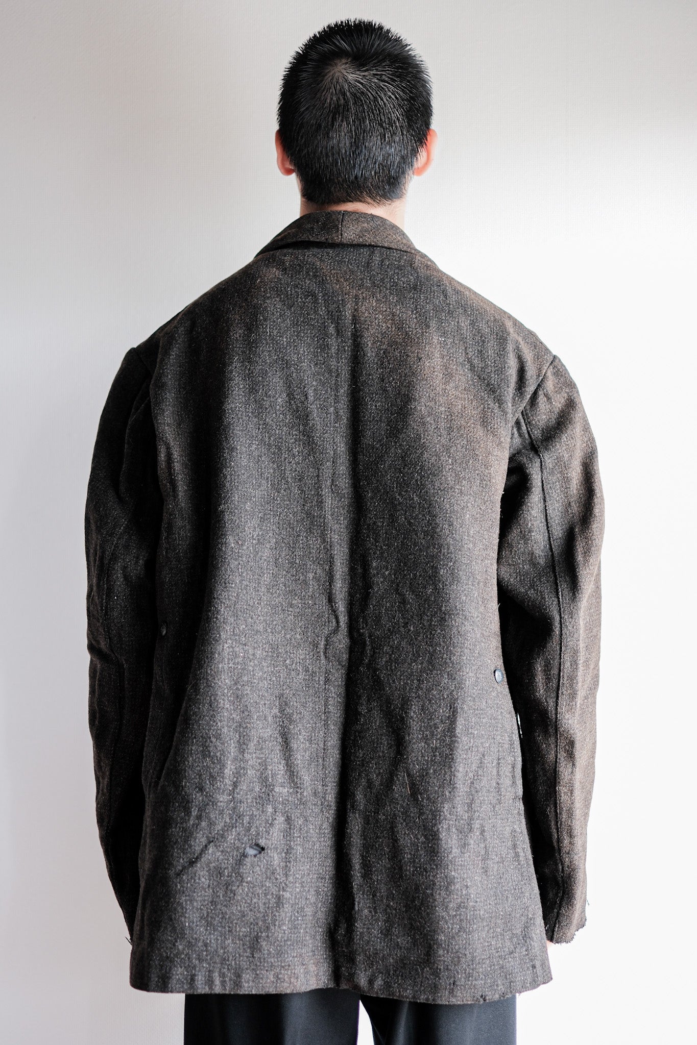【~30's】French Vintage Gray Wool Hunting Jacket With Chin Strap "Boro"