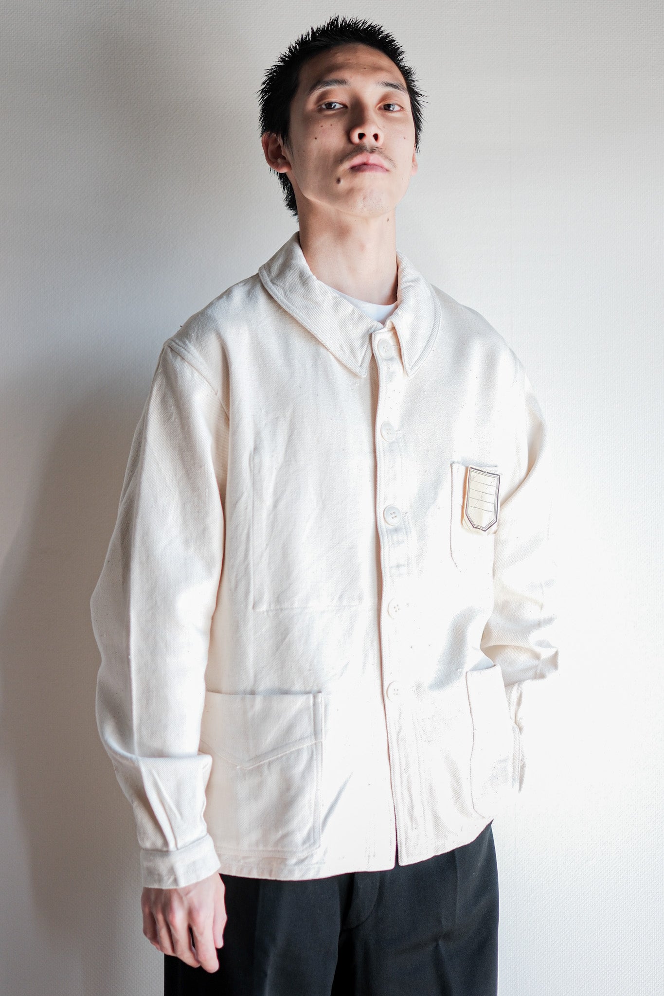 【~40's】French Vintage White Cotton Twill Work Jacket Size.48 "Dead Stock"