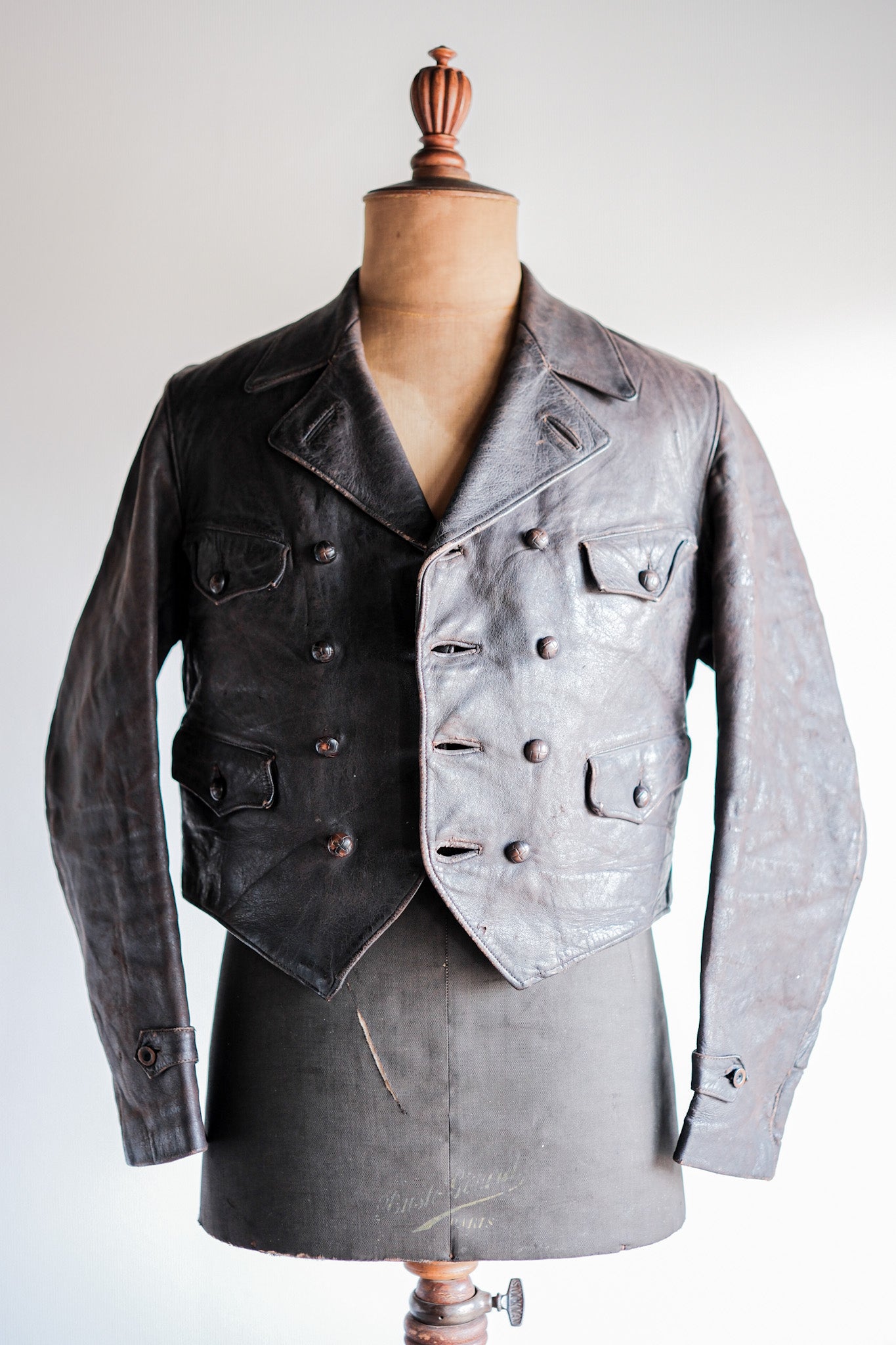 【 Vendange de ~40's】German double veste de cuir de motocyclette affrontée