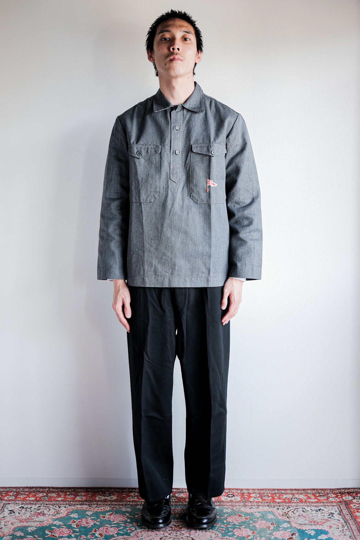 【~50's】Europe Vintage Salt & Pepper Cotton Smock "Dead Stock"