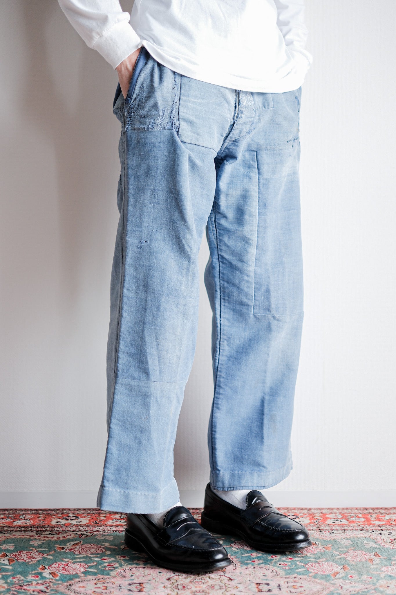 【~40's】French Vintage Blue Moleskin Work Pants "Patchwork" "Le Mont St. Michel"