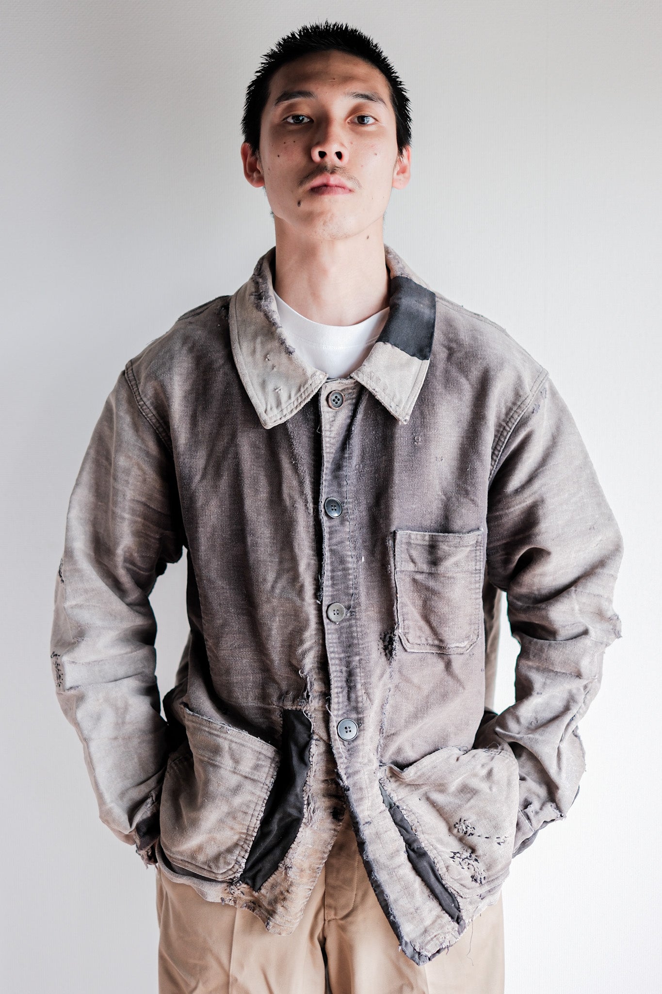 【~50's】French Vintage Black Moleskin Work Jacket "Patchwork"