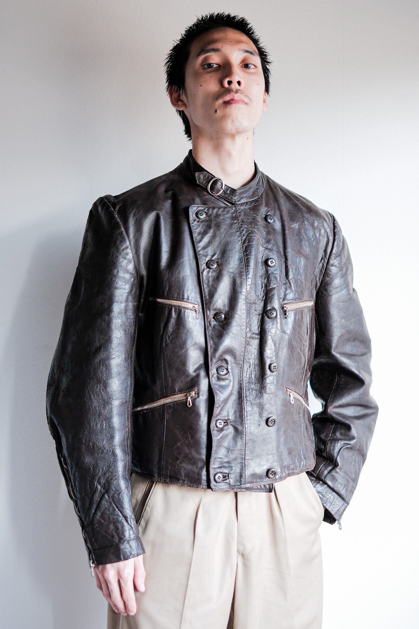 【~40's】German Vintage Double Breasted Motorcycle Leather Jacket