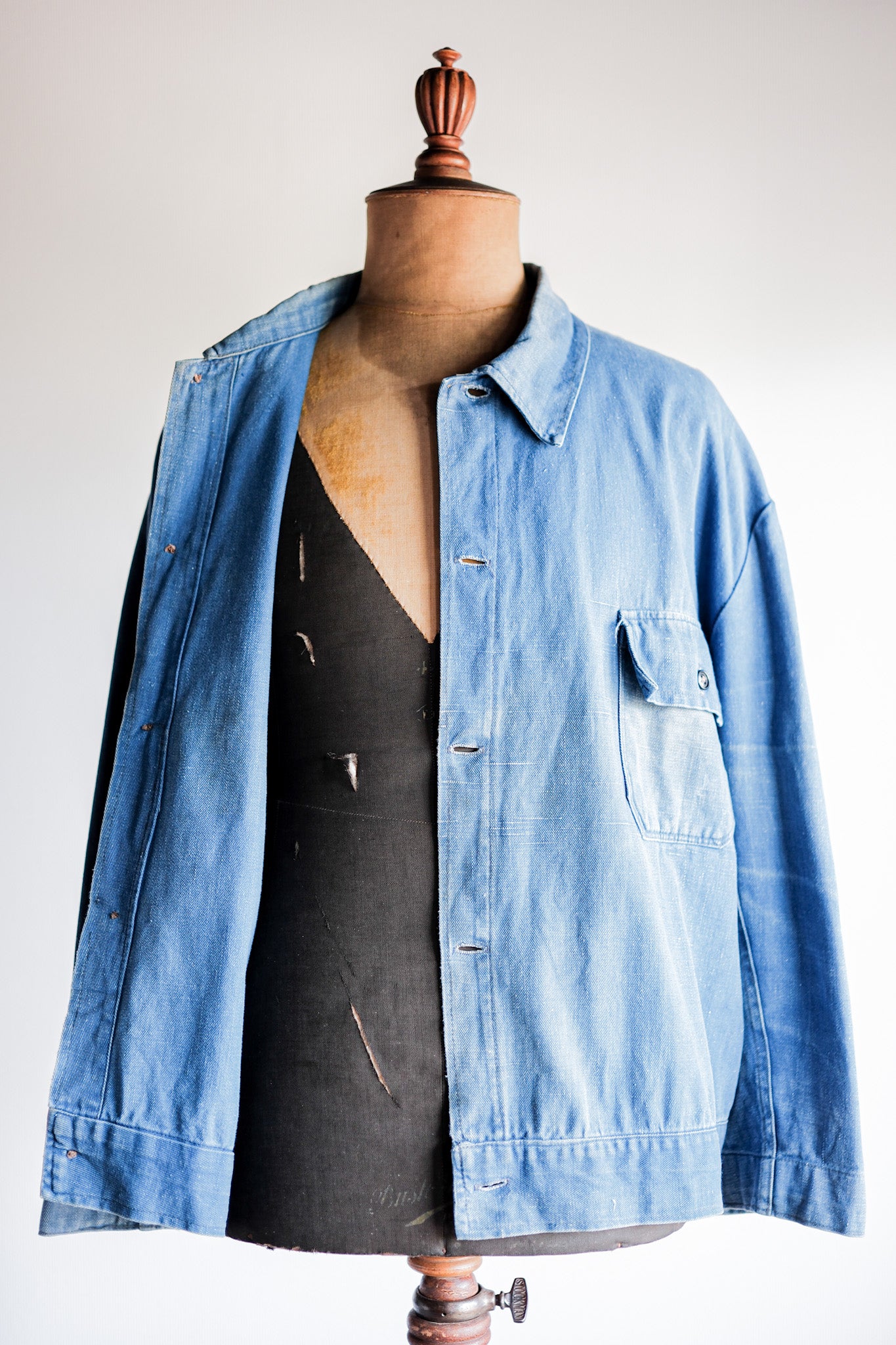 【~40's】French Vintage Indigo Cotton Linen Twill Work Jacket