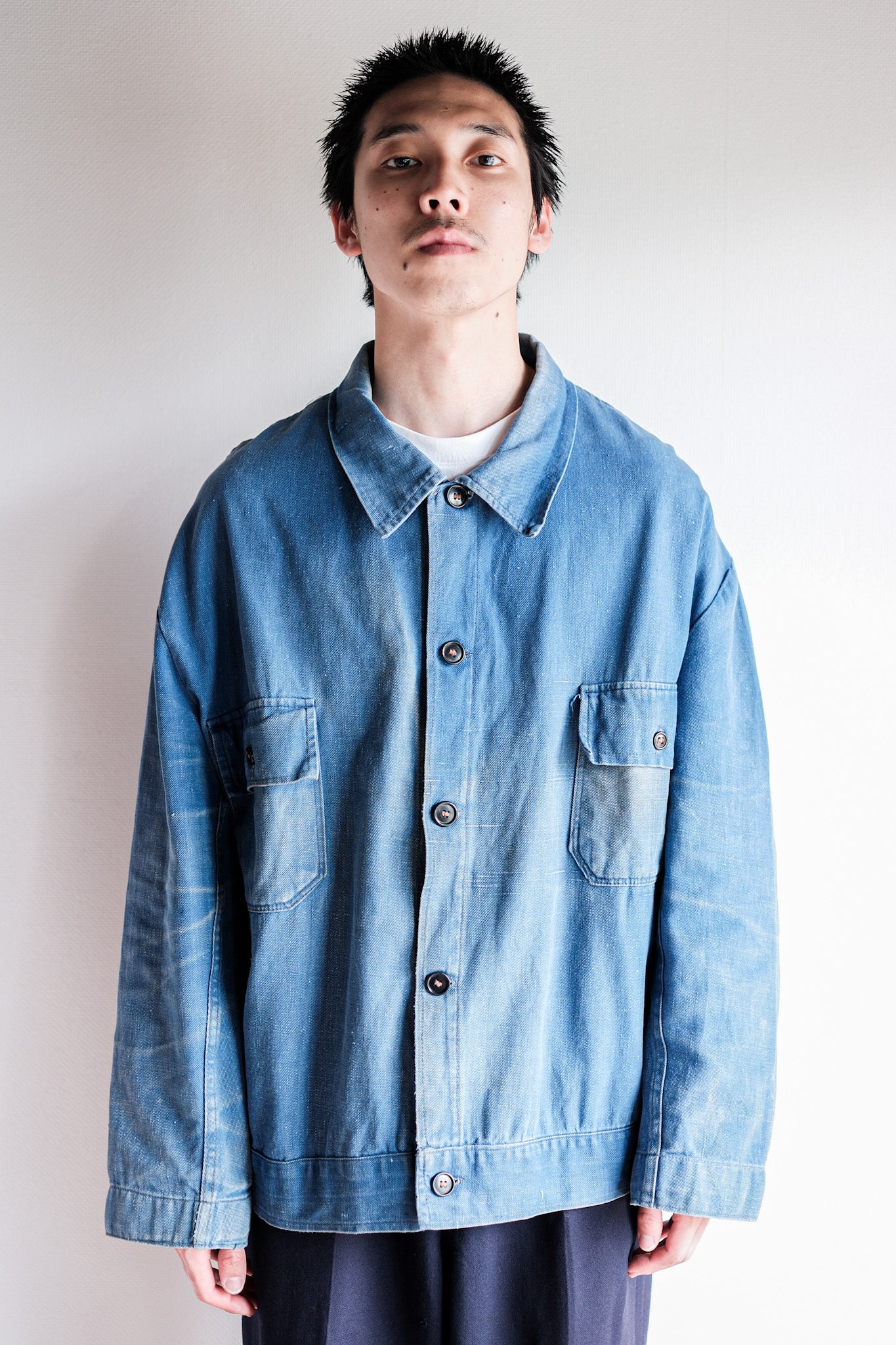【~40's】French Vintage Indigo Cotton Linen Twill Work Jacket