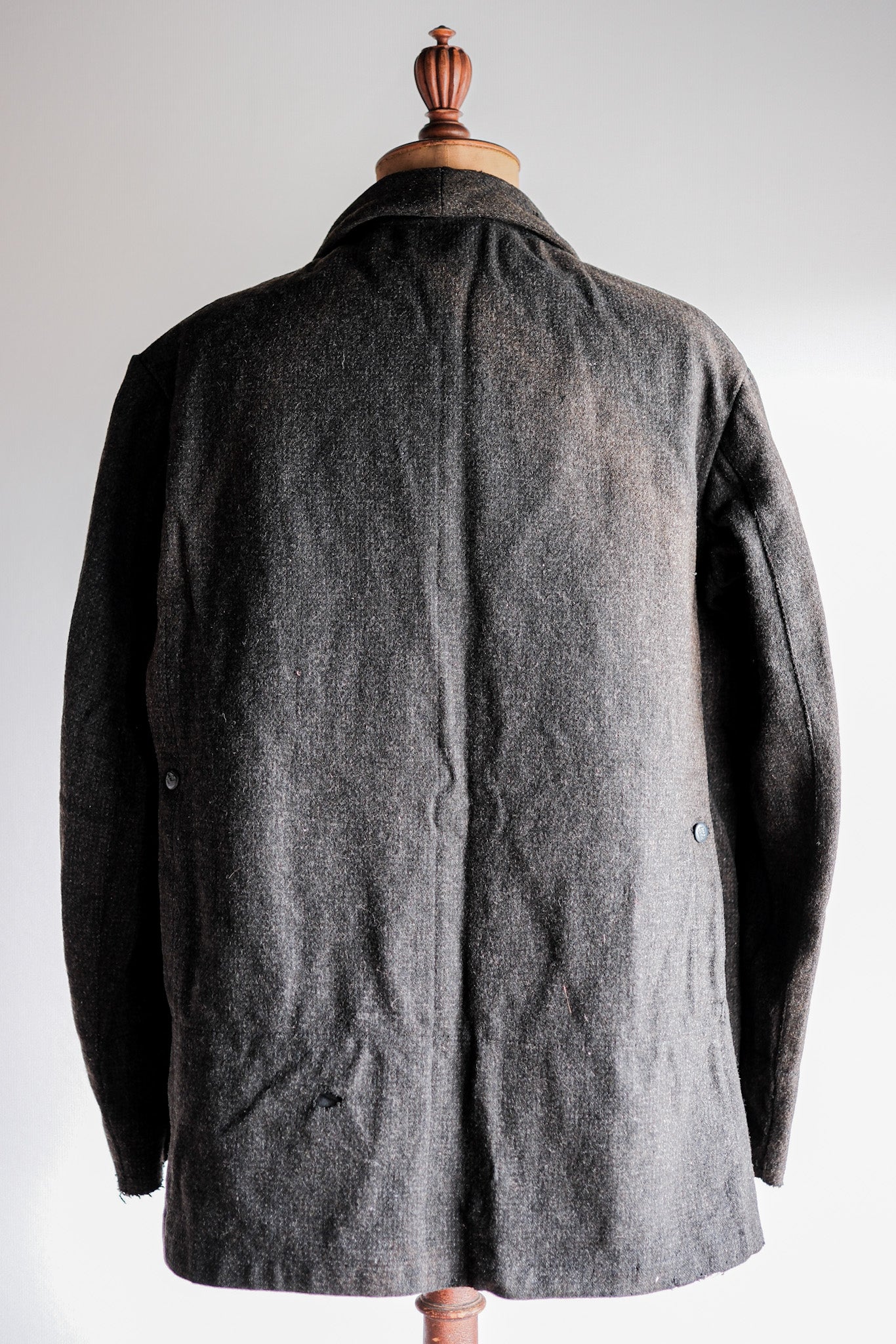 【~30's】French Vintage Gray Wool Hunting Jacket With Chin Strap "Boro"