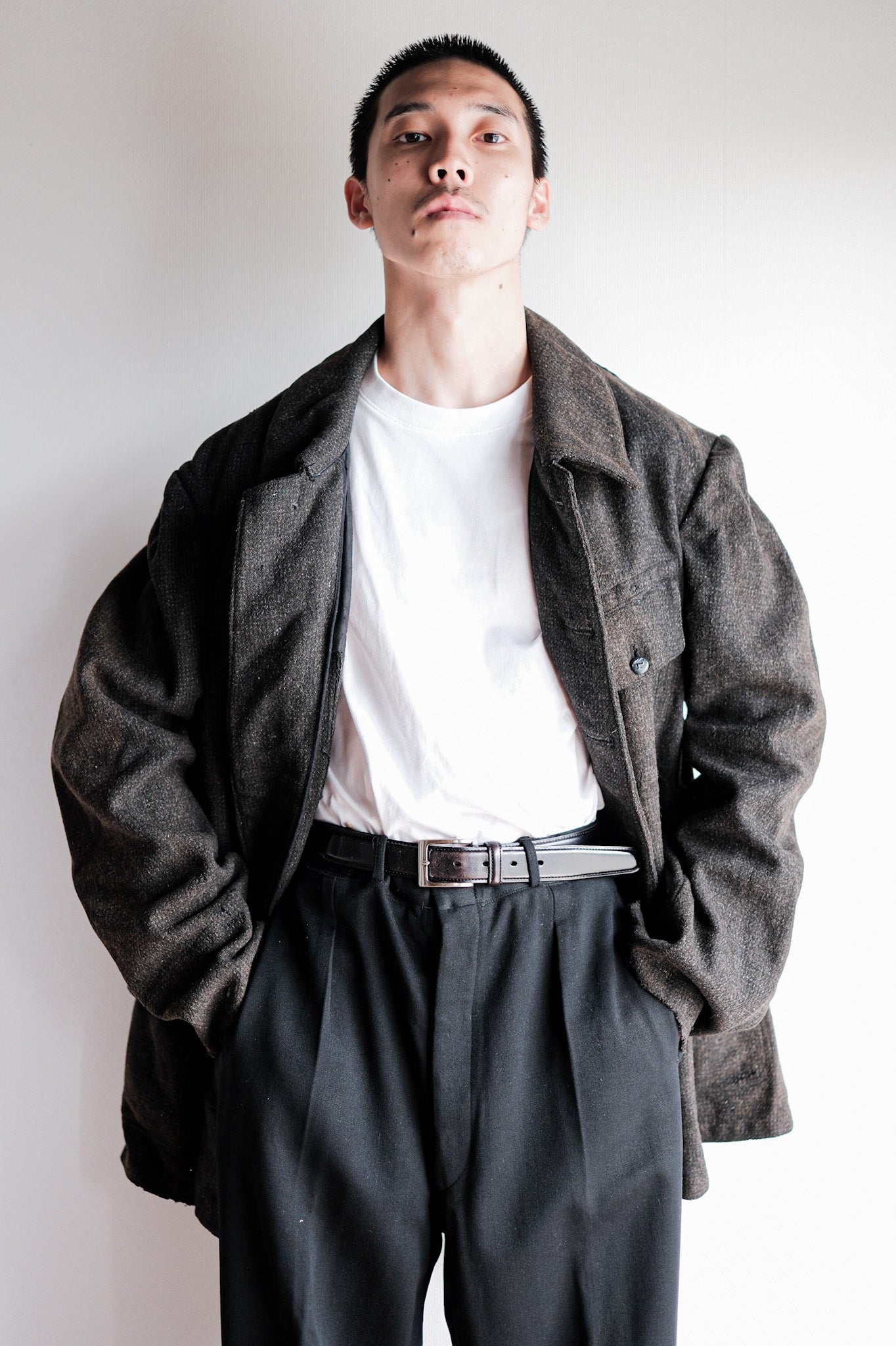 【~30's】French Vintage Gray Wool Hunting Jacket With Chin Strap "Boro"