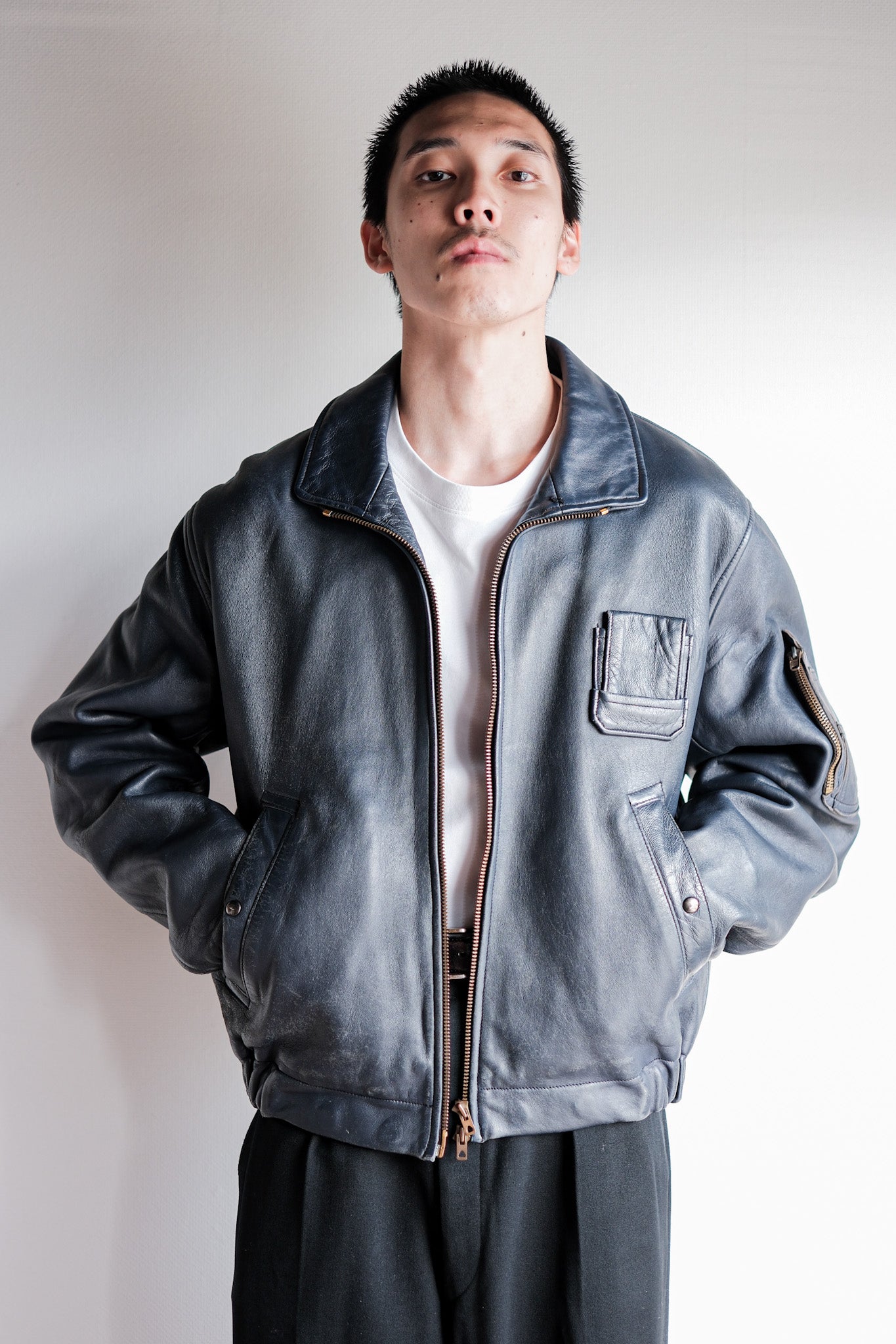 【~70's】French Air Force Pilot Leather Jacket Size.96M