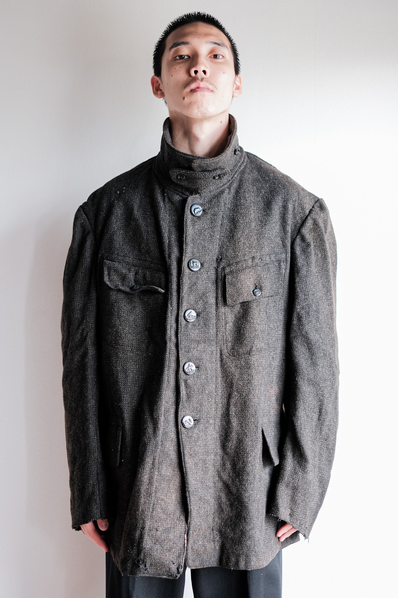 【~30's】French Vintage Gray Wool Hunting Jacket With Chin Strap "Boro"