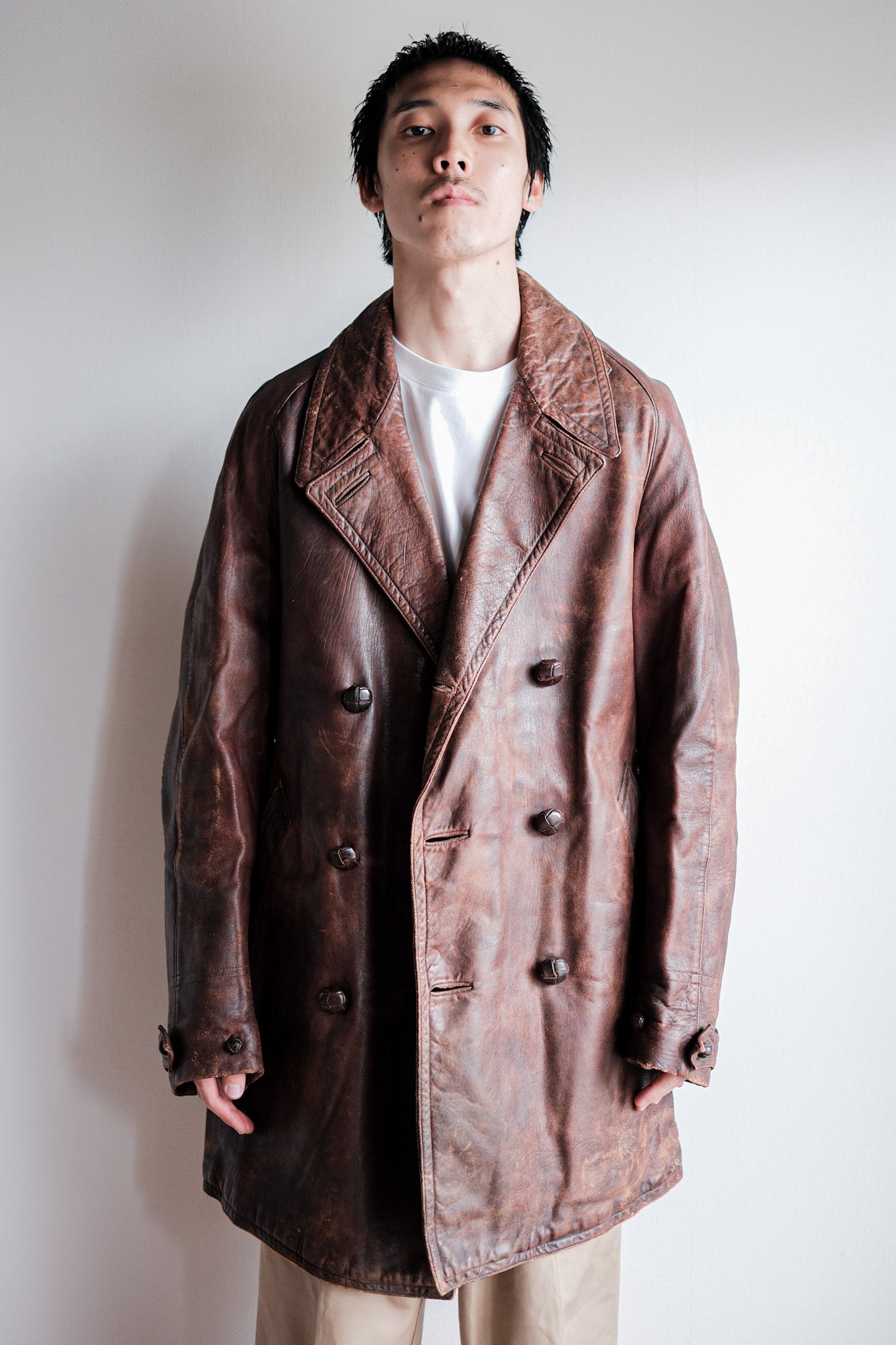 【~40's】French Vintage Double Breasted Brown Leather Coat With Chin Strap