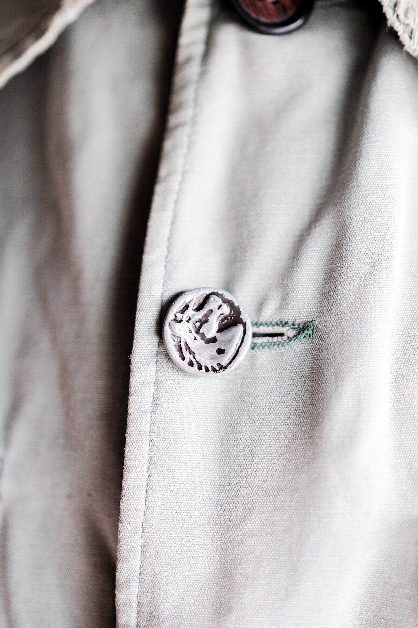 【~50's】French Vintage Green Cotton Canvas Hunting Jacket With Chin Strap "Patchwork"