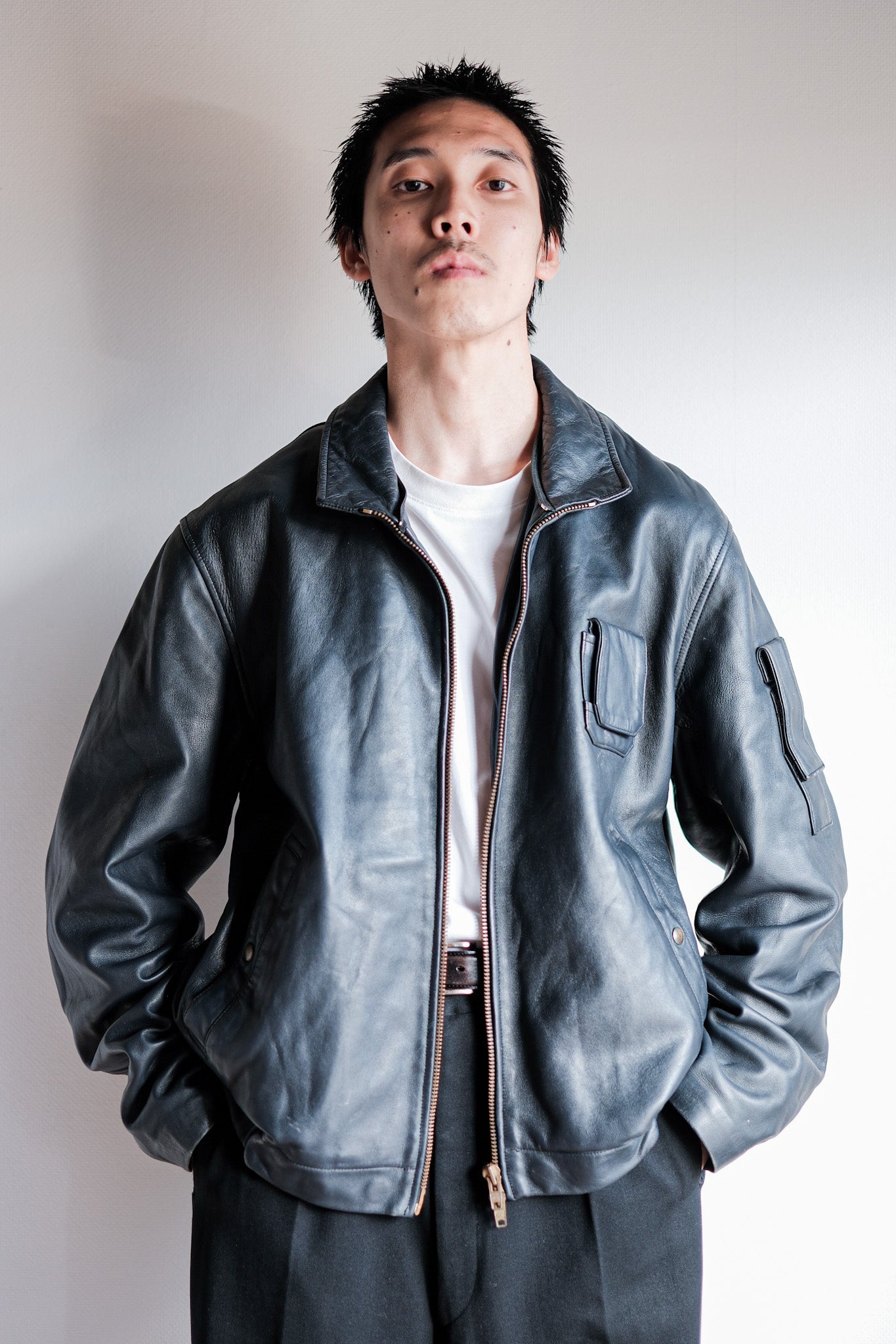 【~70's】French Air Force Pilot Leather Jacket With Chin Strap Size.100L
