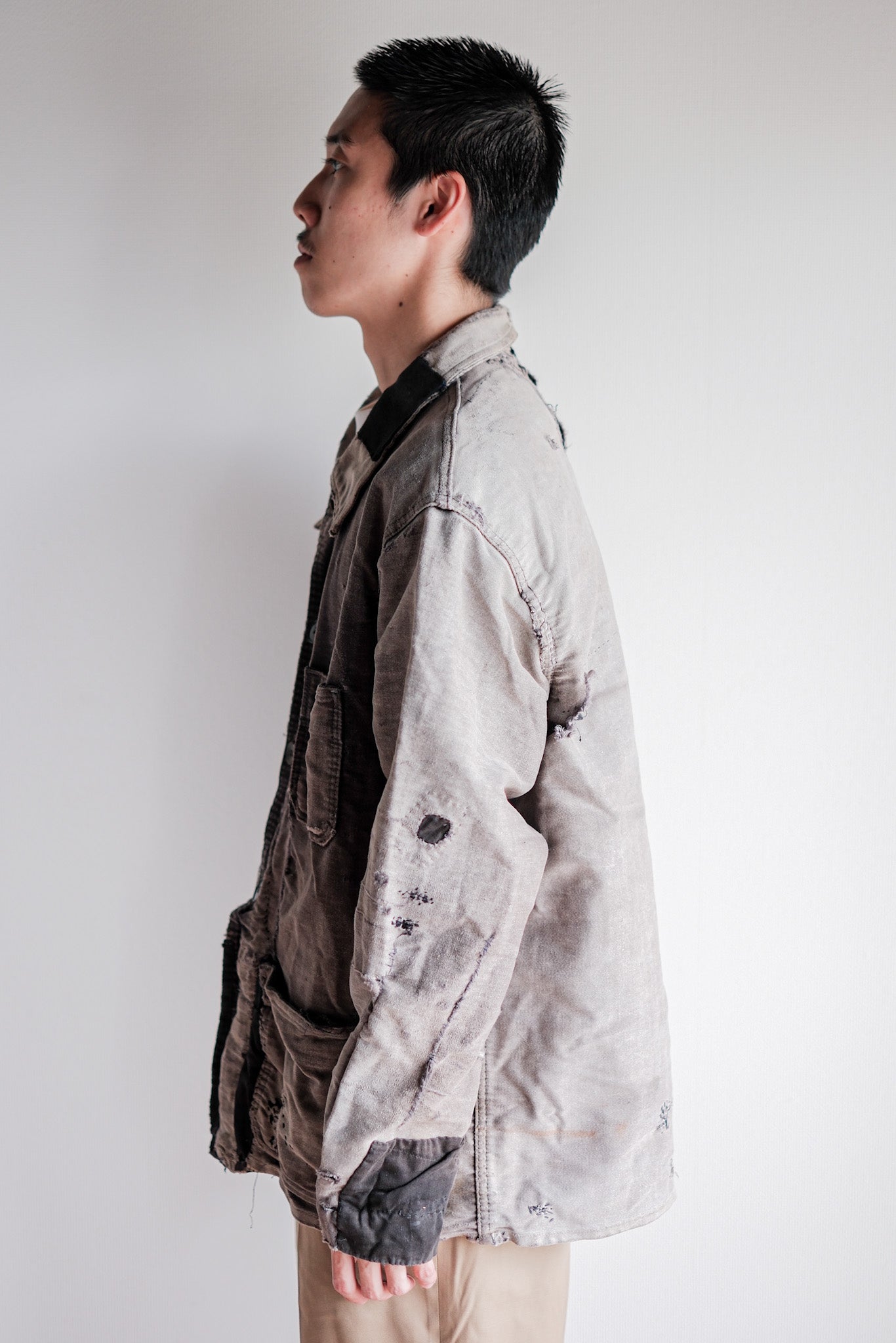 【~50's】French Vintage Black Moleskin Work Jacket "Patchwork"