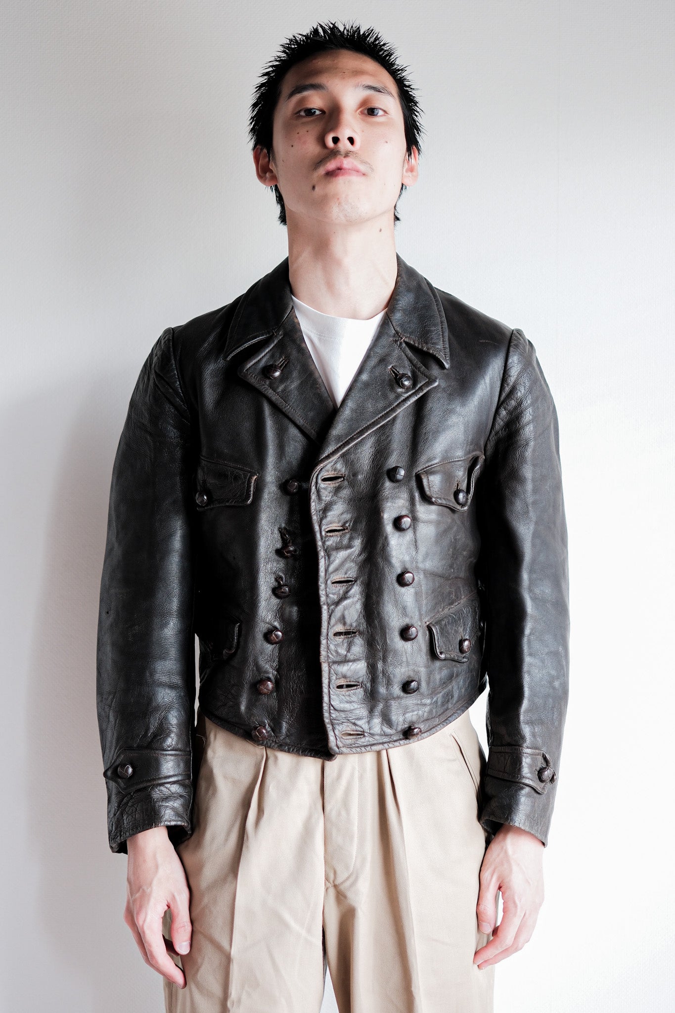 【~40's】German Vintage Double Breasted Motorcycle Leather Jacket