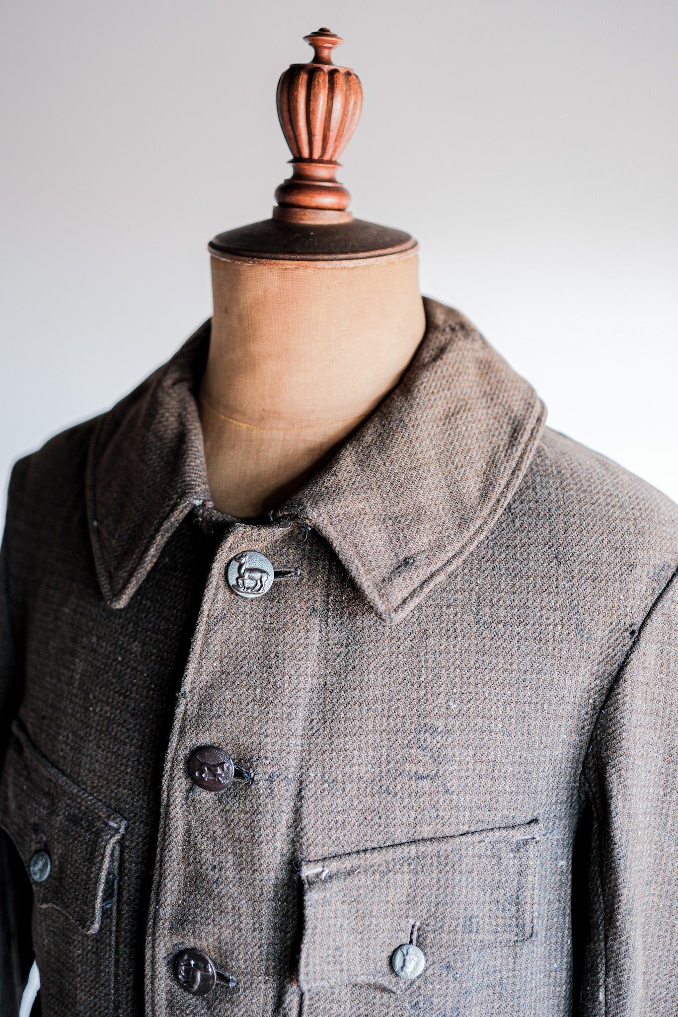 【~30's】French Vintage Brown Wool Hunting Jacket "Boro"