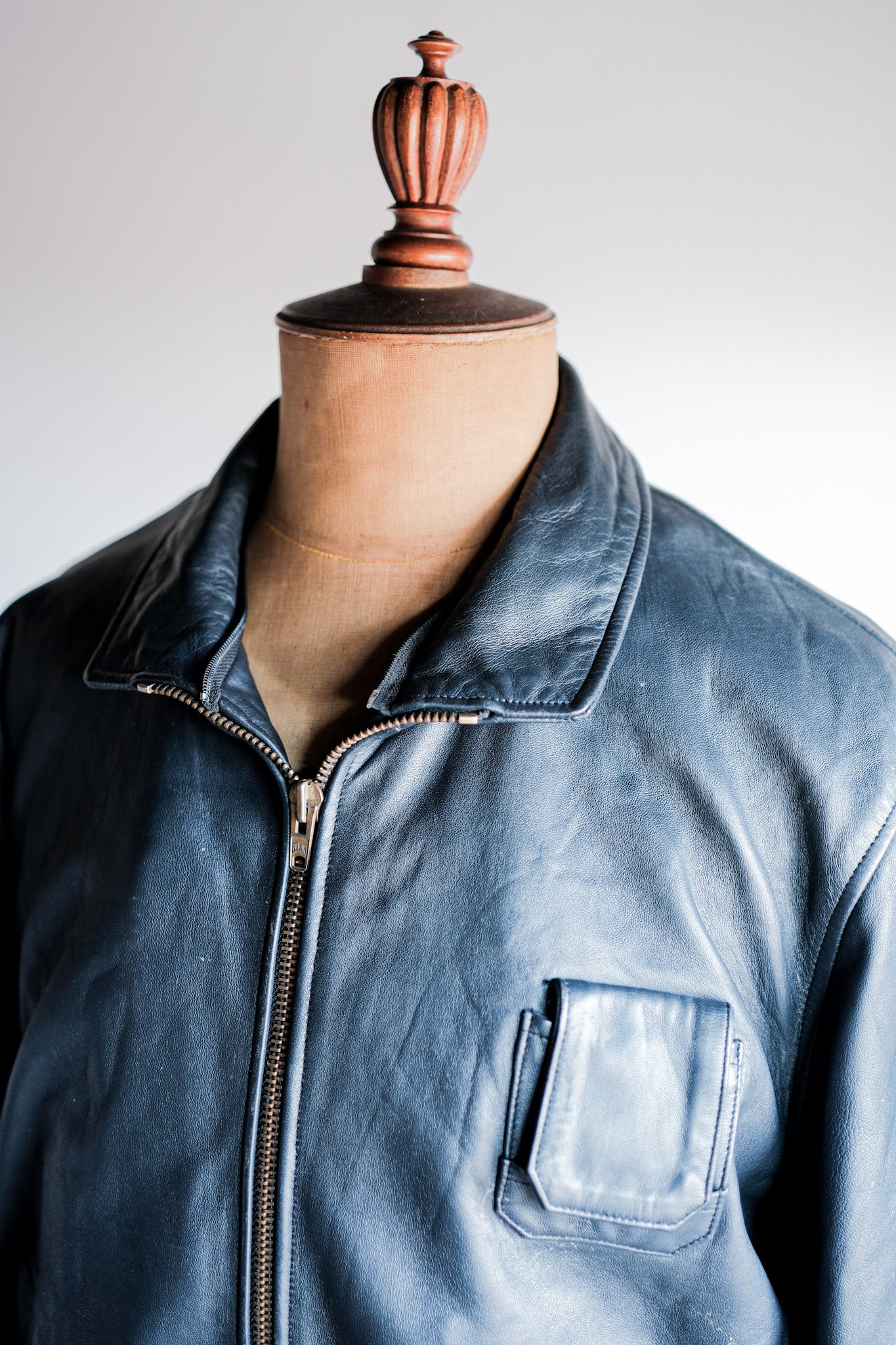 【~70's】French Air Force Pilot Leather Jacket With Chin Strap Size.100L
