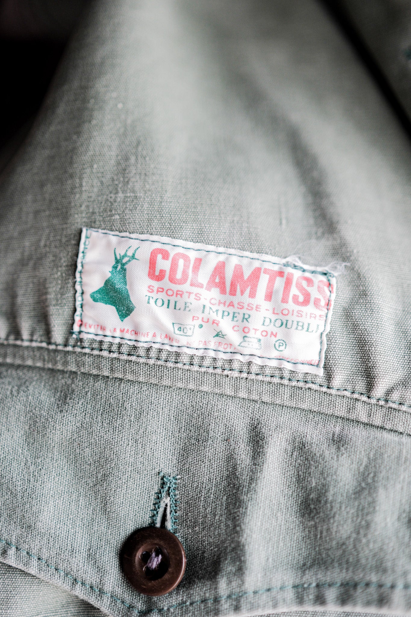 【~50's】French Vintage Green Cotton Canvas Hunting Jacket With Chin Strap "Patchwork"