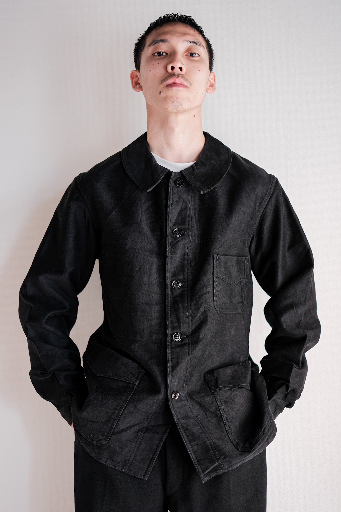 【~30's】French Vintage Black Moleskin Work Jacket "Le Mont St. Michel"