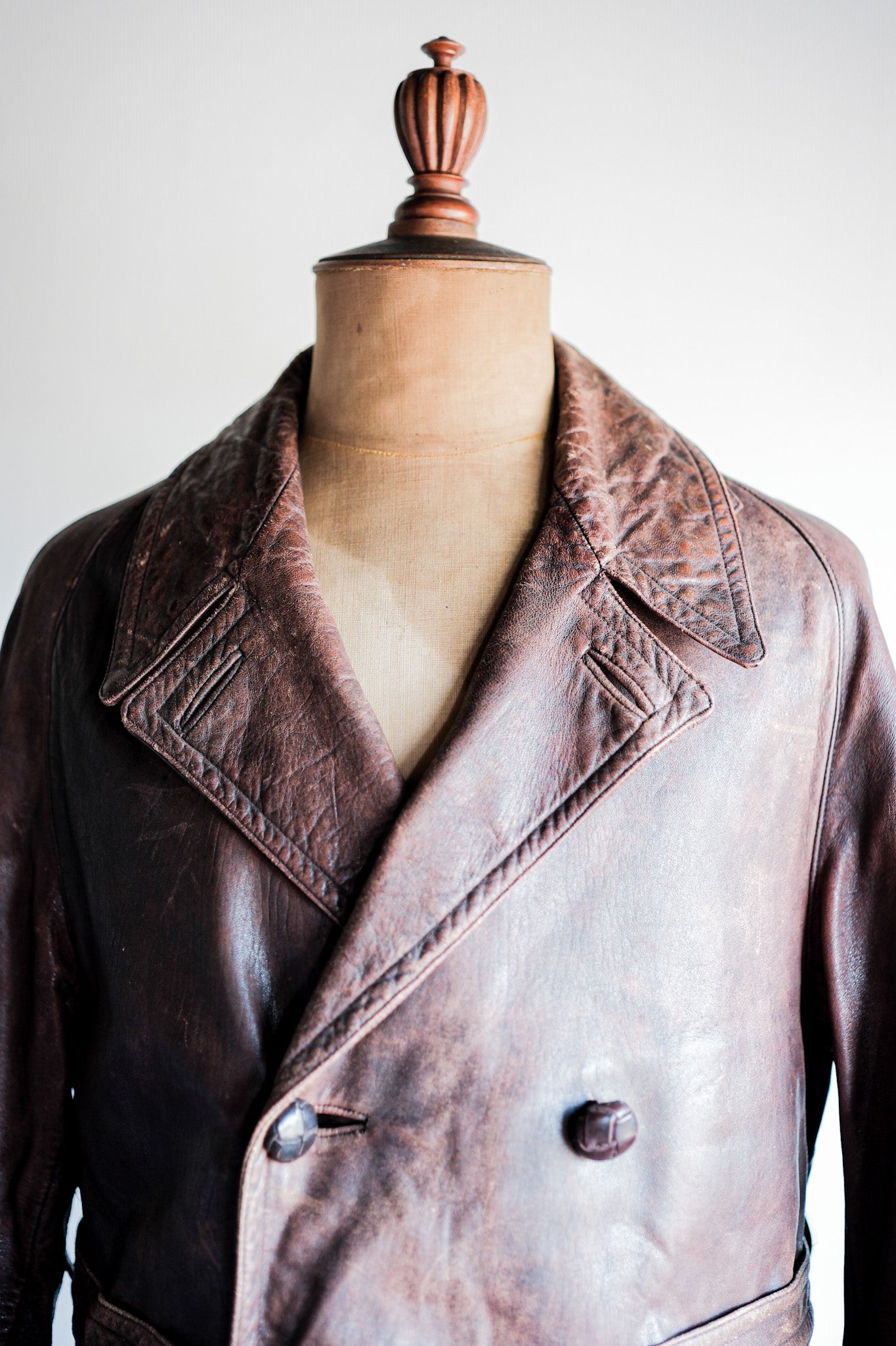 【~40's】French Vintage Double Breasted Brown Leather Coat With Chin Strap