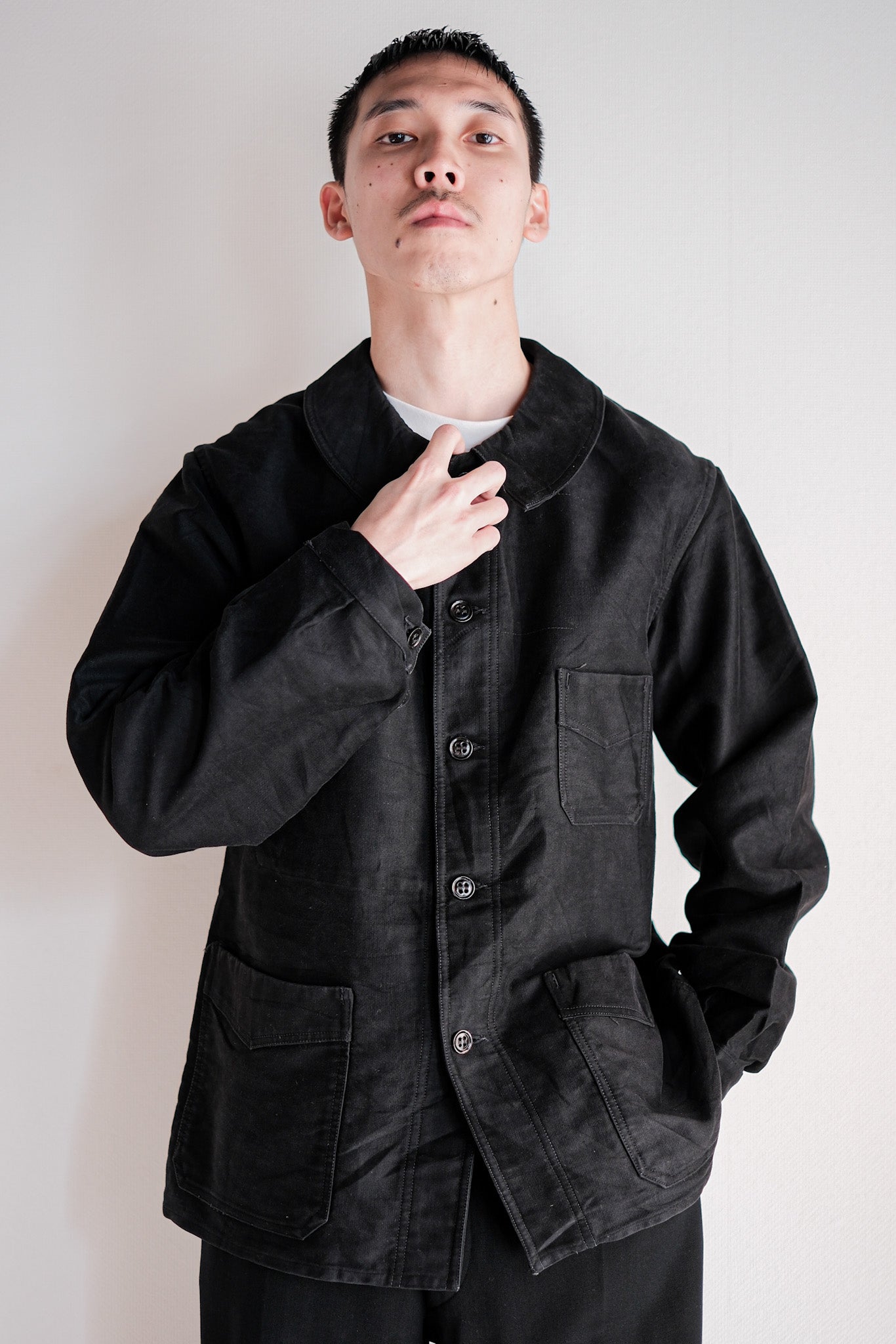 【~30's】French Vintage Black Moleskin Work Jacket "Le Mont St. Michel"