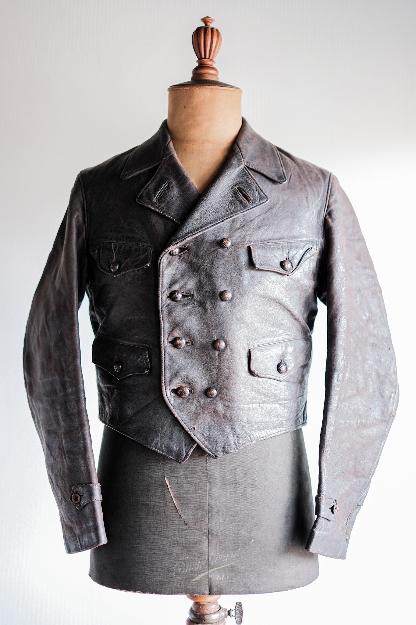 【 Vendange de ~40's】German double veste de cuir de motocyclette affrontée
