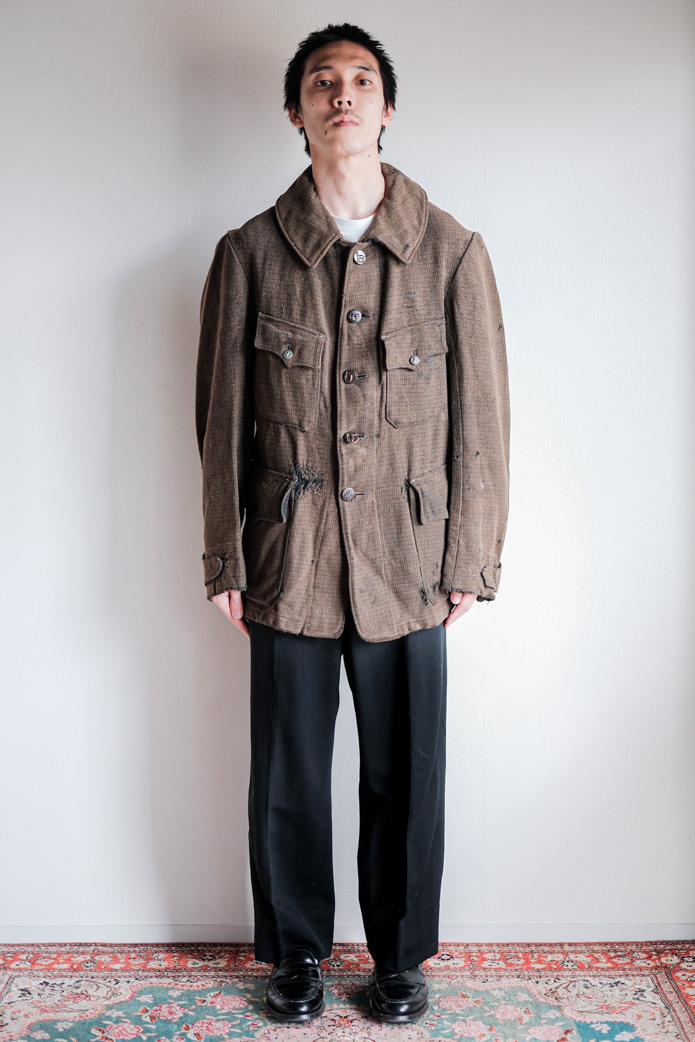 【~30's】French Vintage Brown Wool Hunting Jacket "Boro"