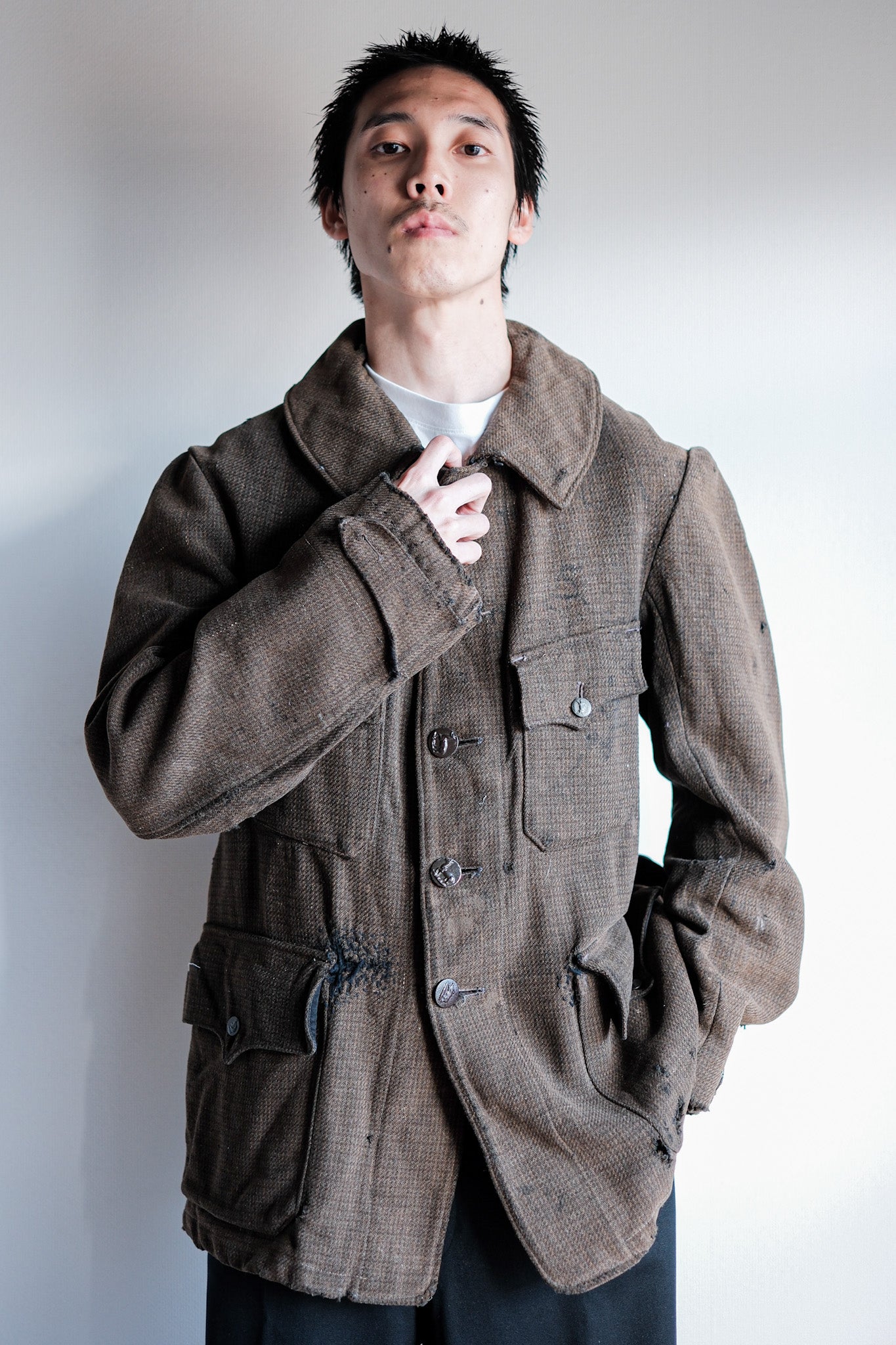 【~30's】French Vintage Brown Wool Hunting Jacket "Boro"