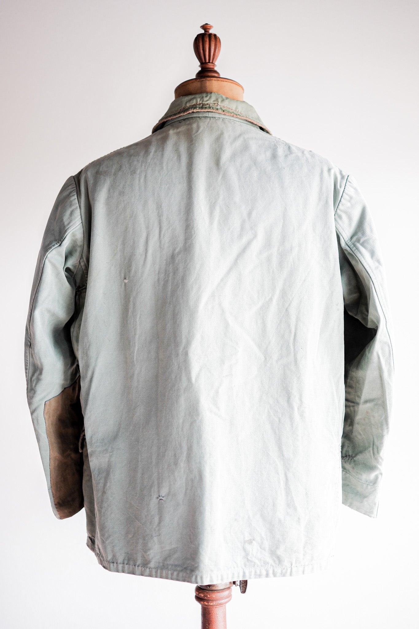 【~50's】French Vintage Green Cotton Canvas Hunting Jacket With Chin Strap "Patchwork"