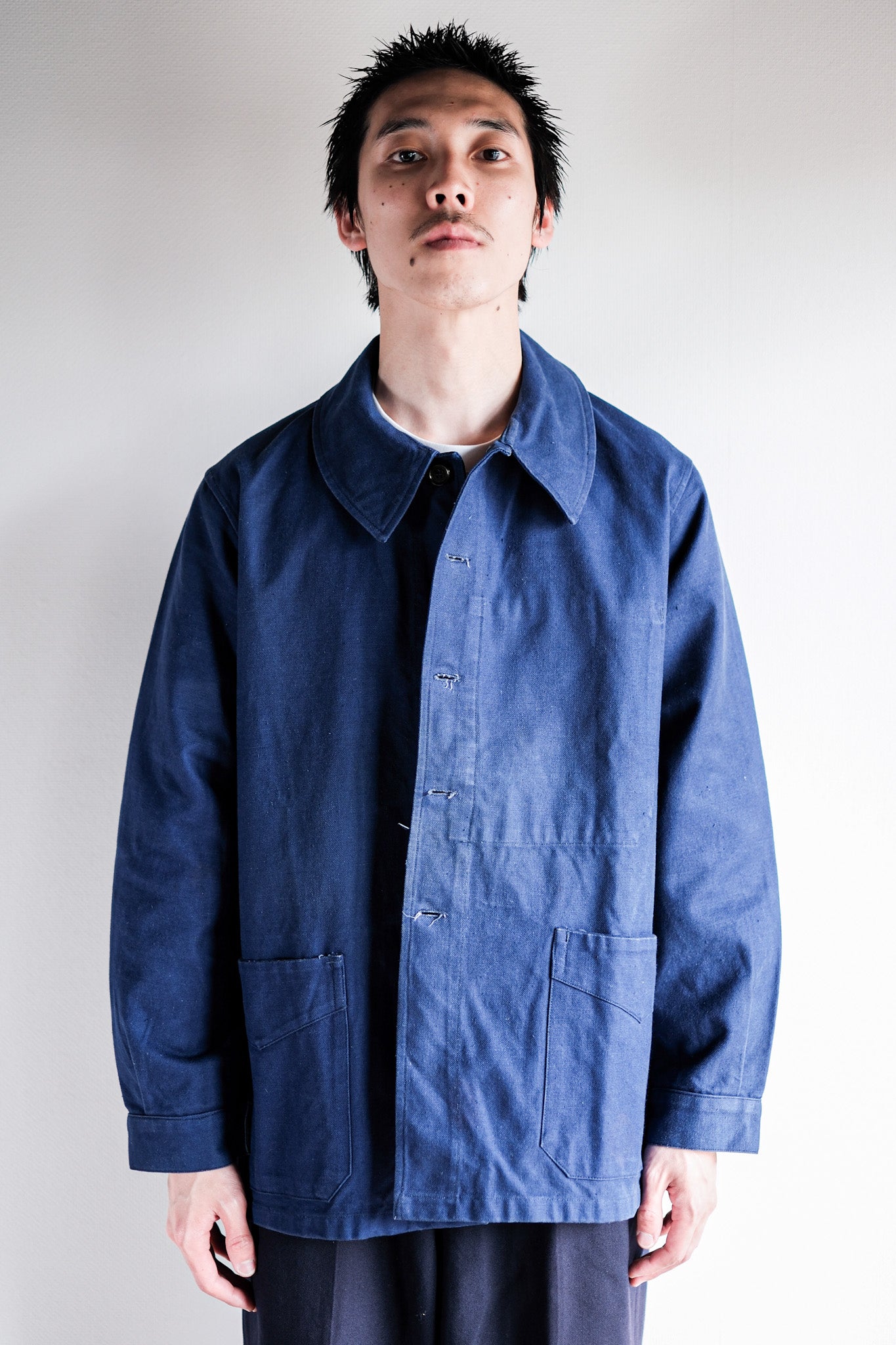 【~50's】French Army Blue Cotton Linen Twill Work Jacket