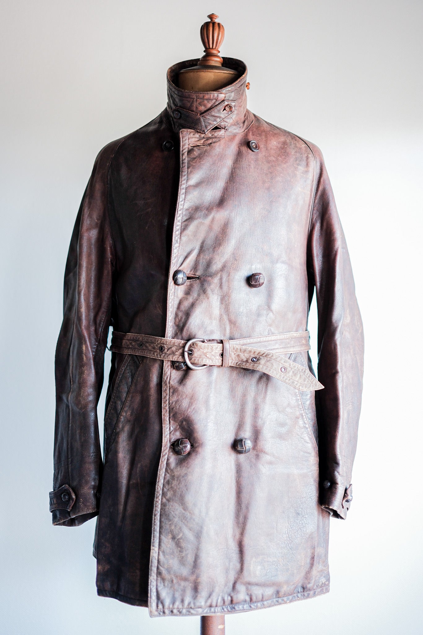 【~40's】French Vintage Double Breasted Brown Leather Coat With Chin Strap