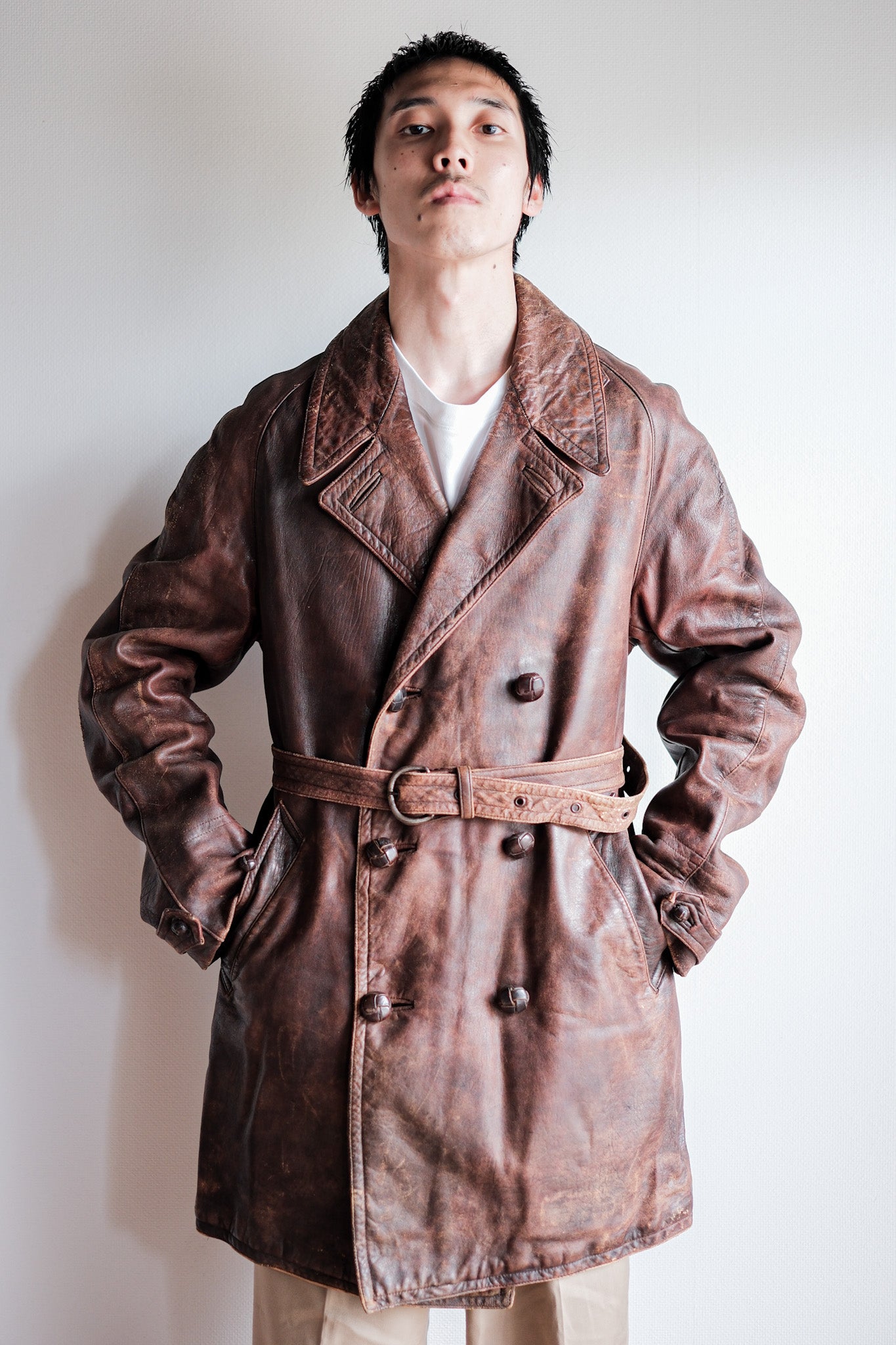 【~40's】French Vintage Double Breasted Brown Leather Coat With Chin Strap