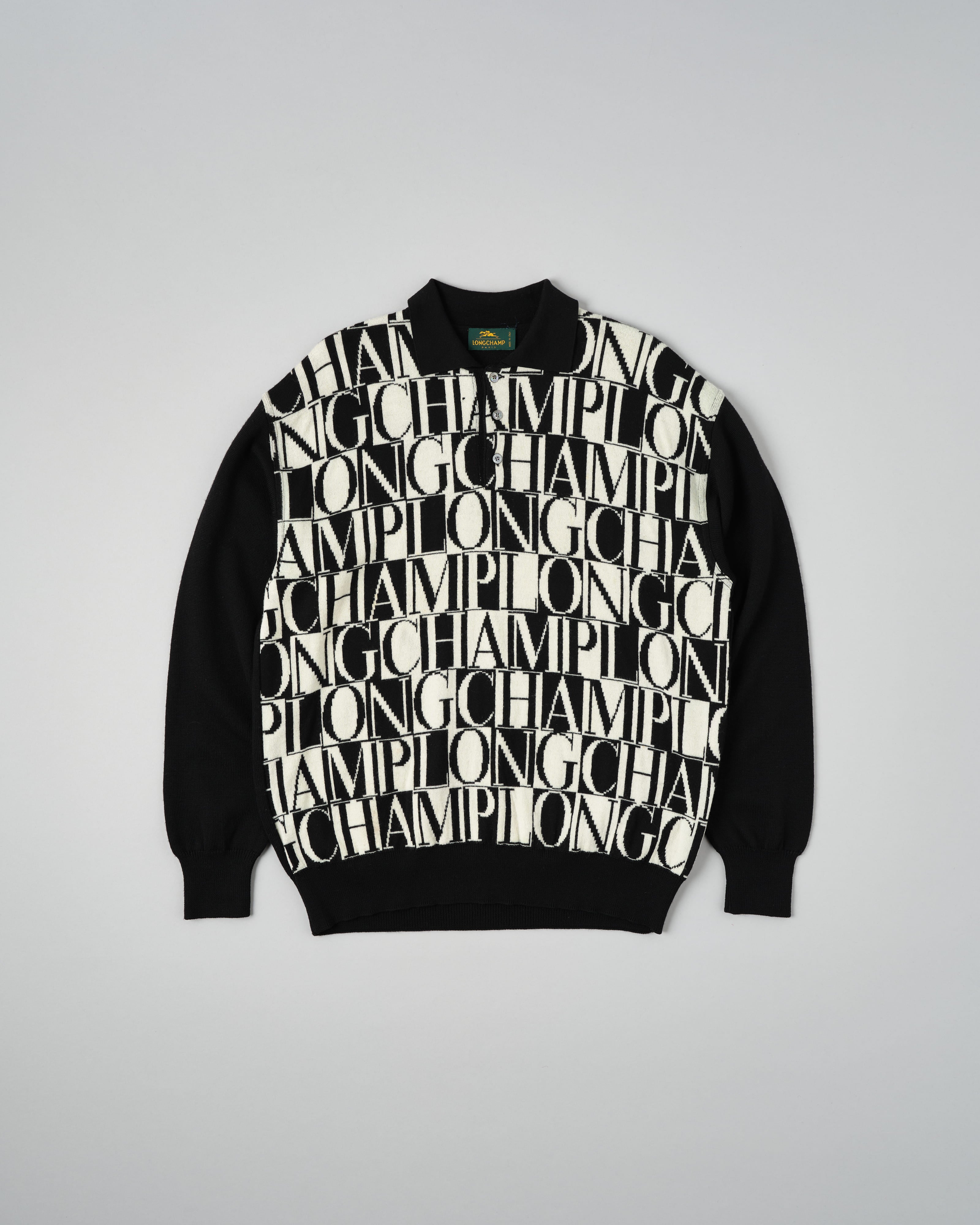 【~90’s】Old LONGCHAMP Merino Wool Patterned L/S Knit Polo Shirt Size.52