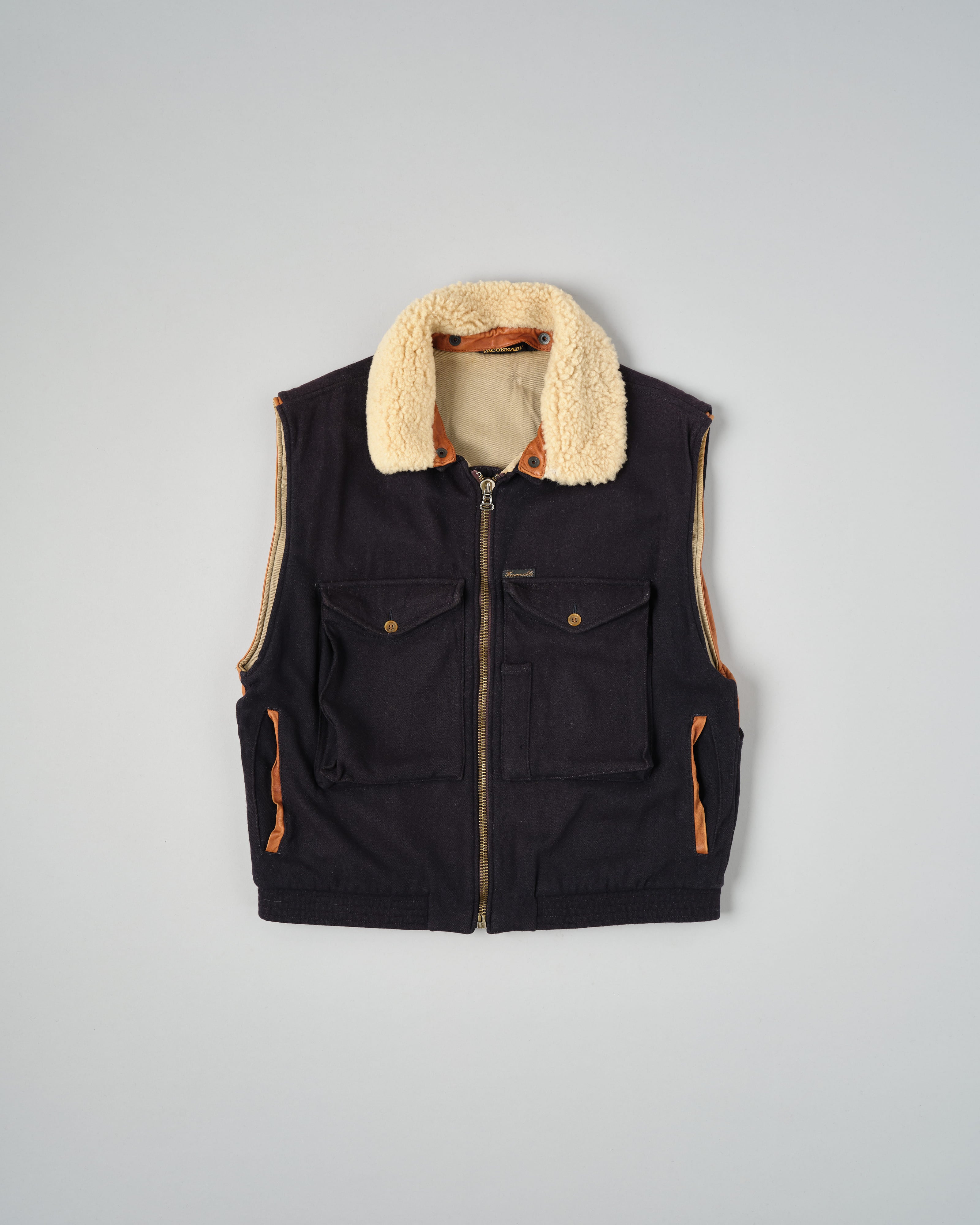 【~80’s】Vintage Façonnable Boa Collar Mixed Wool Vest Size.3