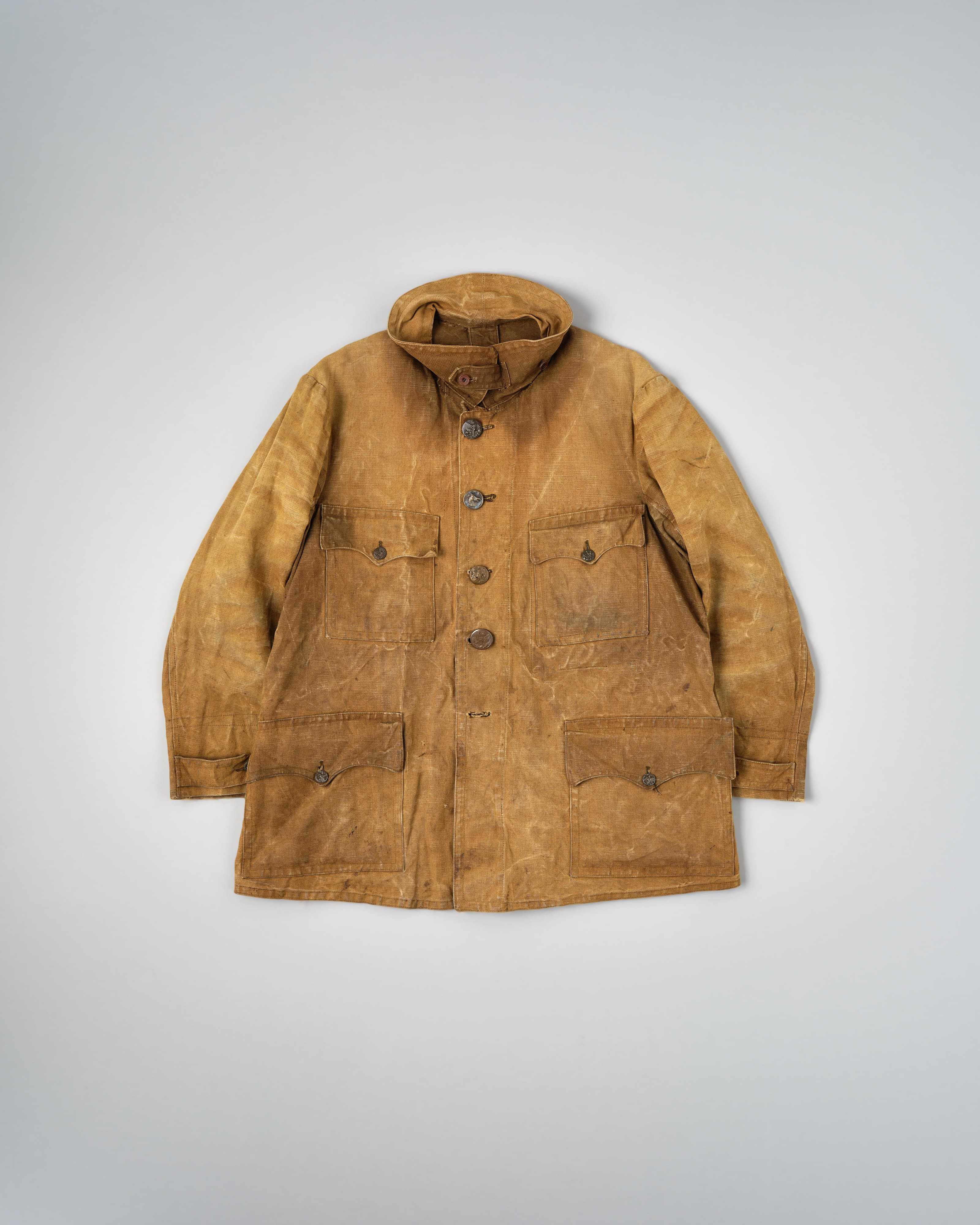 【~30’s】French Vintage Linen Canvas Hunting Jacket With Chin Strap