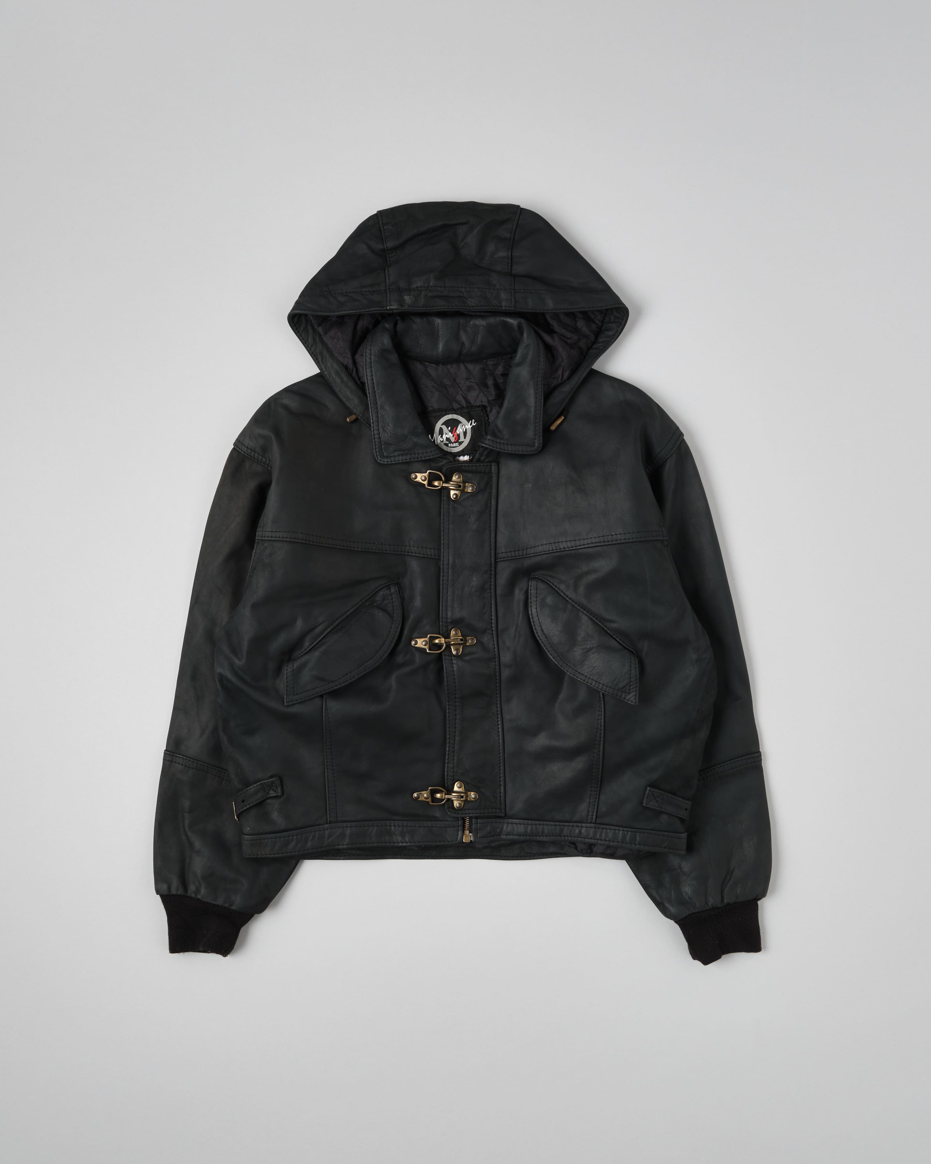 【~80’s】French Vintage Detachable Hood Fireman Type Leather Short Jacket Size.4