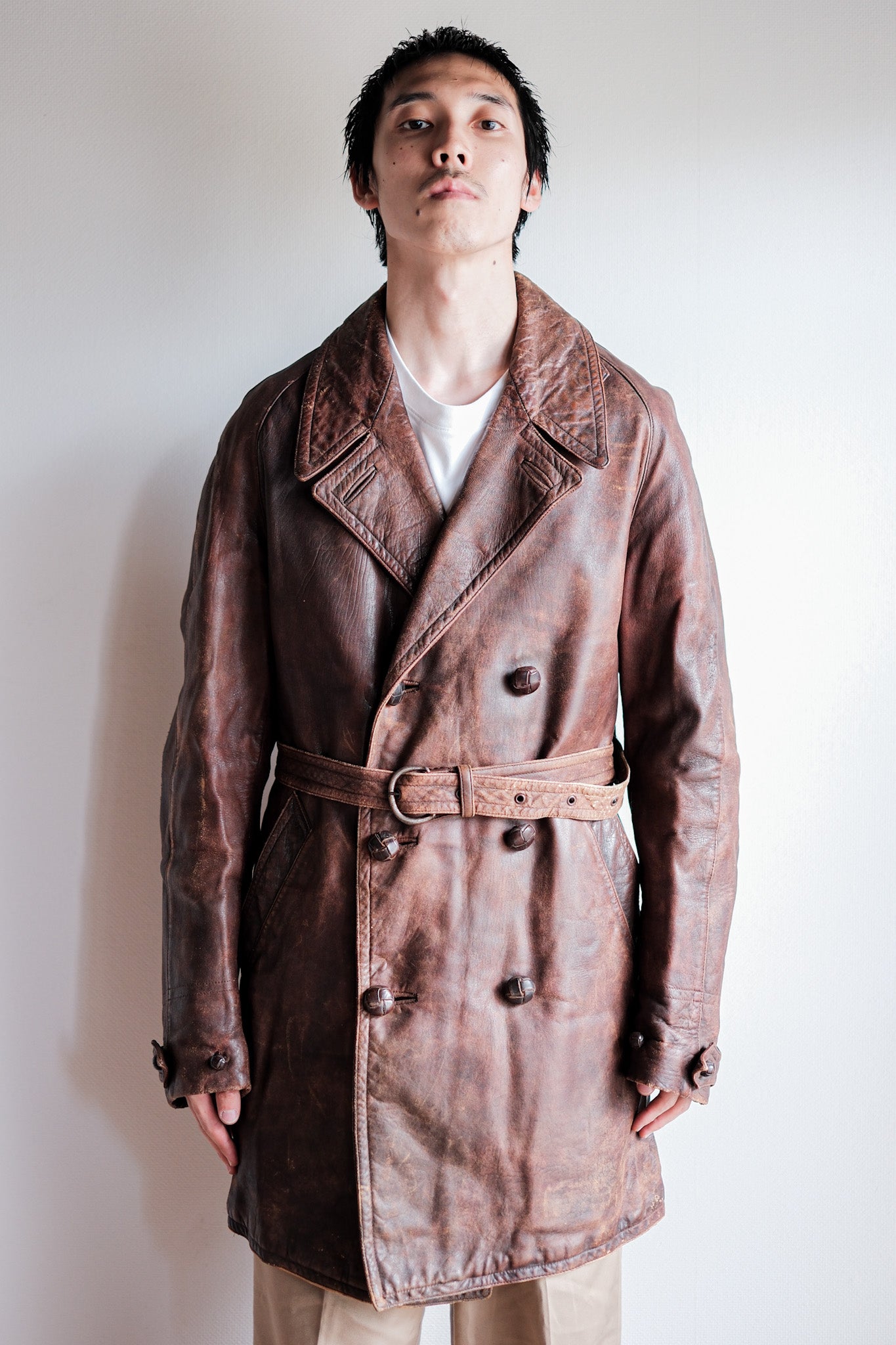 【~40's】French Vintage Double Breasted Brown Leather Coat With Chin Strap