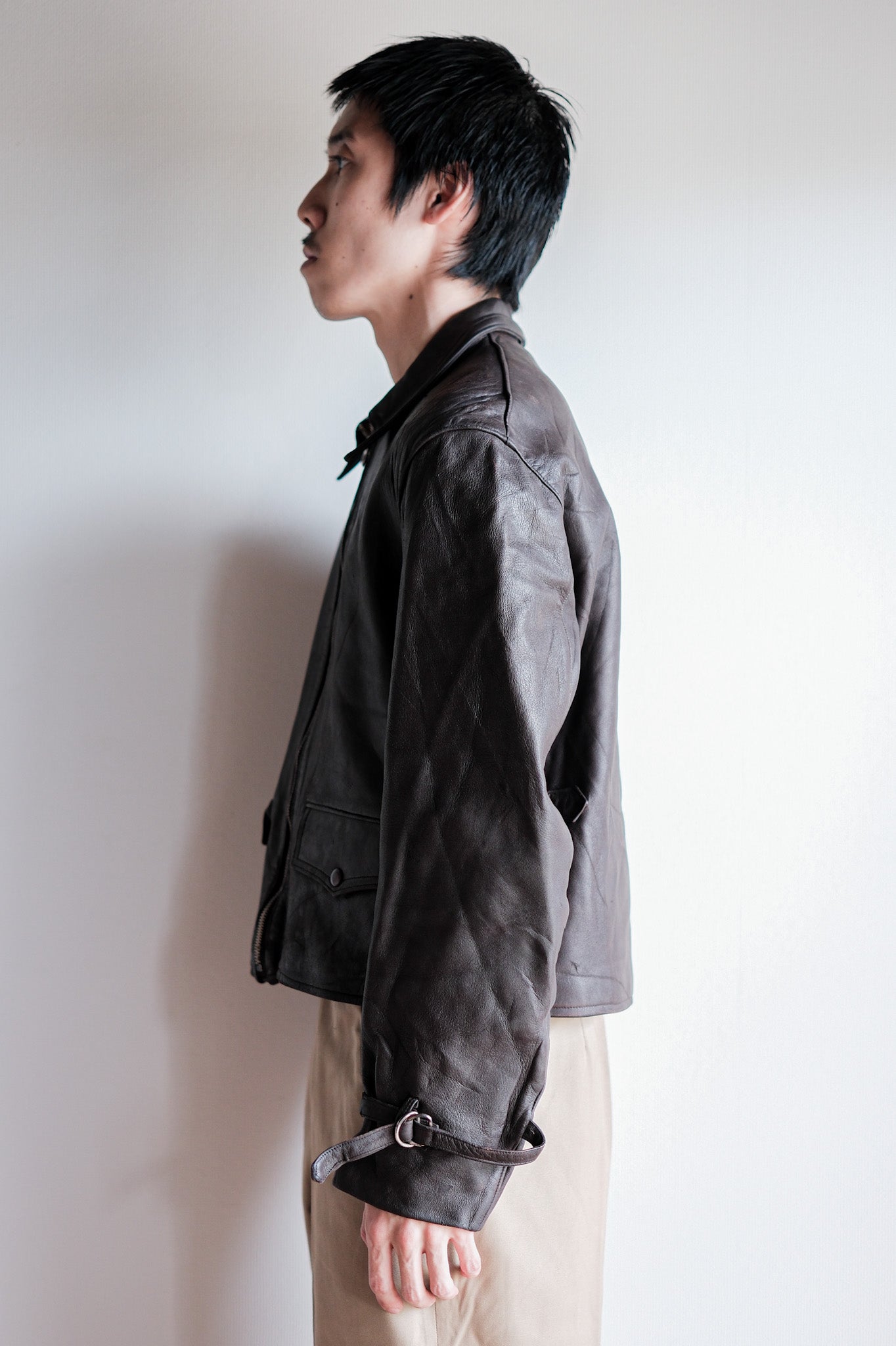 【~40’s】French Vintage Brown Leather Cyclist Jacket "Modified"