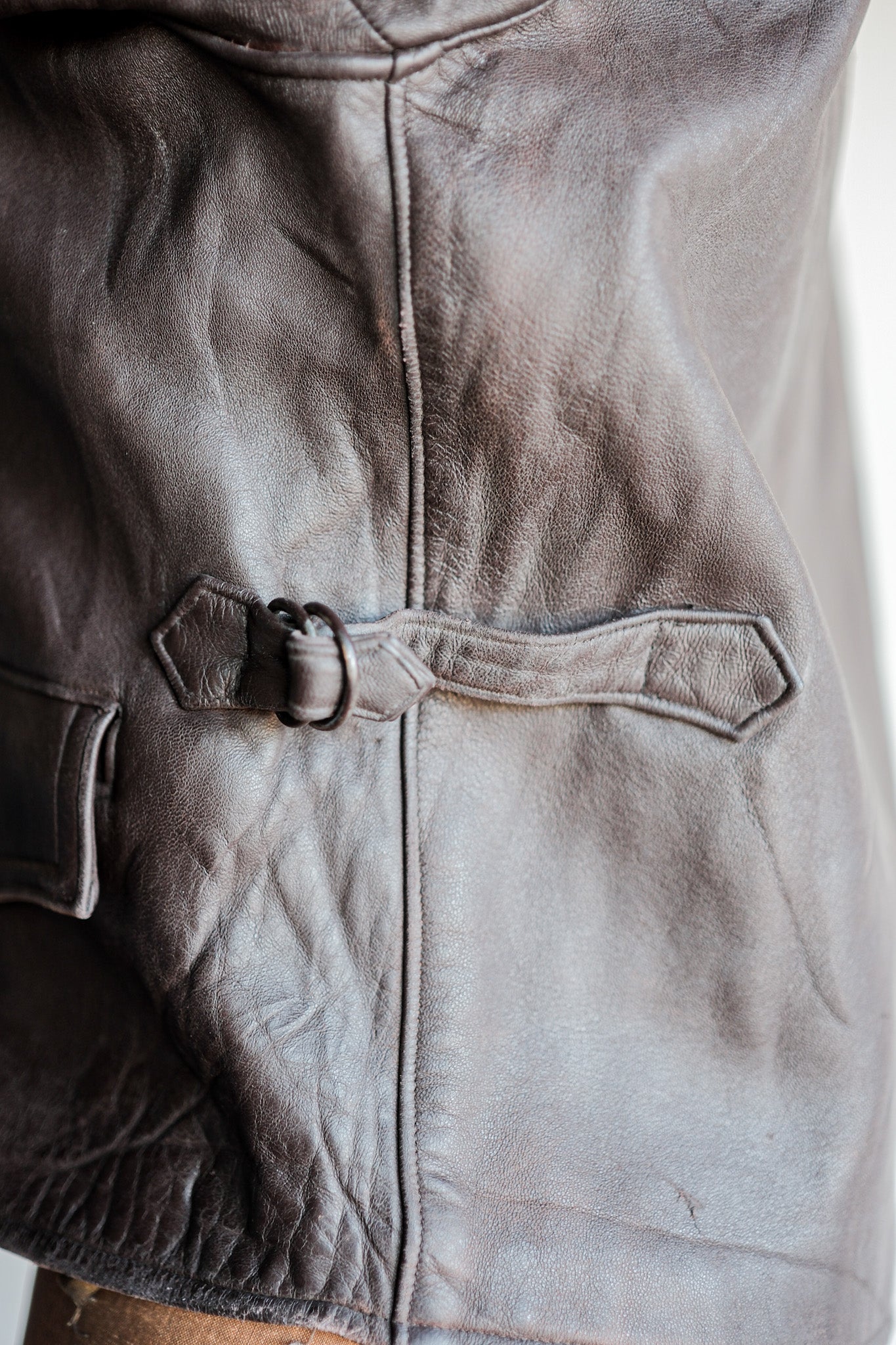 【~40’s】French Vintage Brown Leather Cyclist Jacket "Modified"