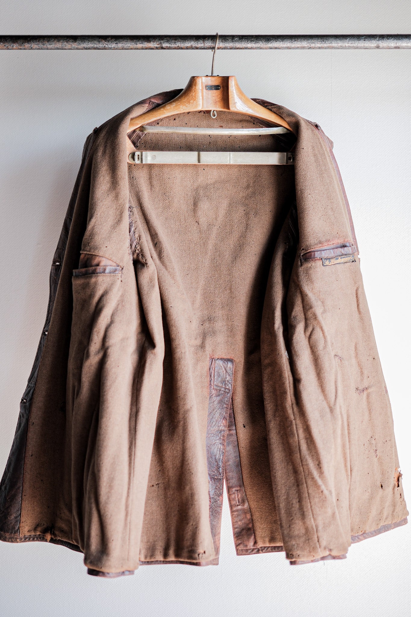 【~40's】French Vintage Double Breasted Brown Leather Coat With Chin Strap
