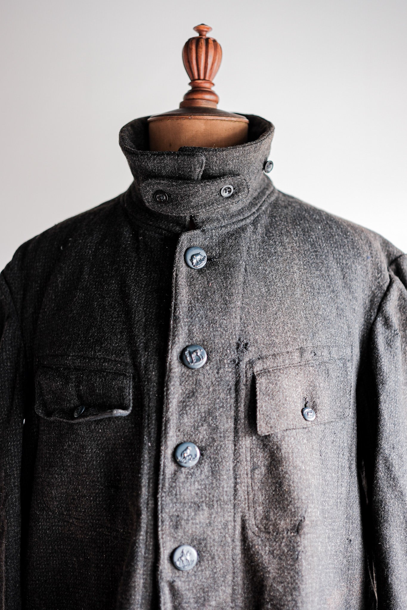 【~30's】French Vintage Gray Wool Hunting Jacket With Chin Strap "Boro"