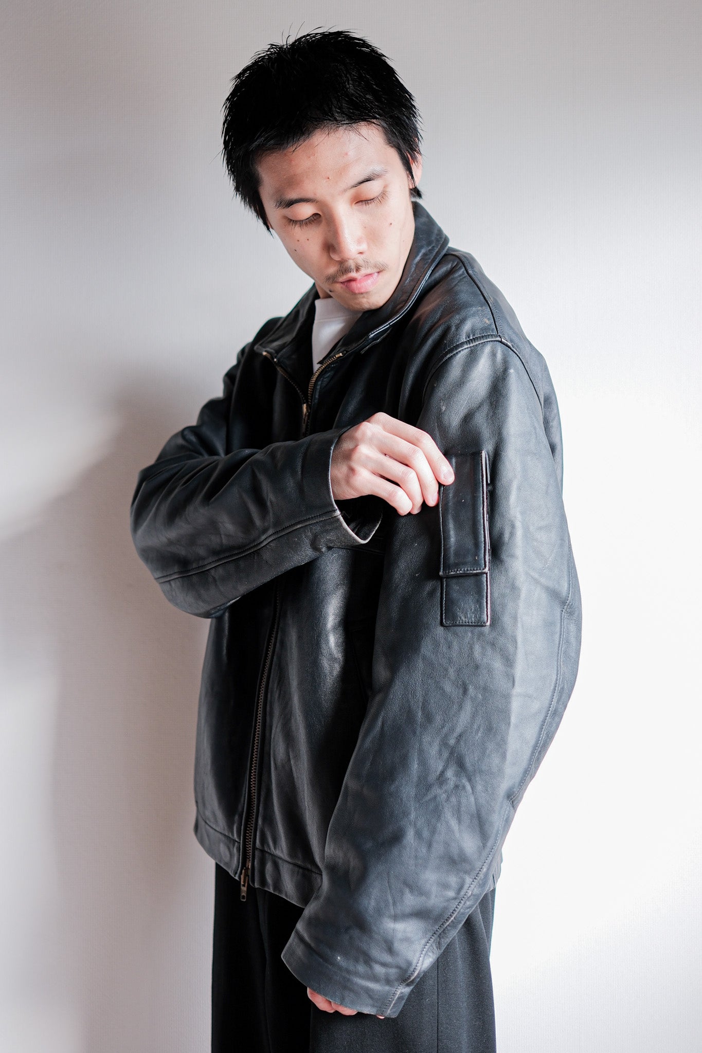 【~70's】French Air Force Pilot Leather Jacket With Chin Strap Size.100L