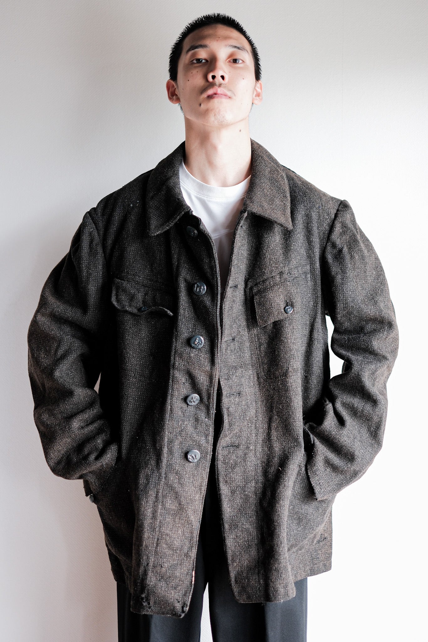 【~30's】French Vintage Gray Wool Hunting Jacket With Chin Strap "Boro"