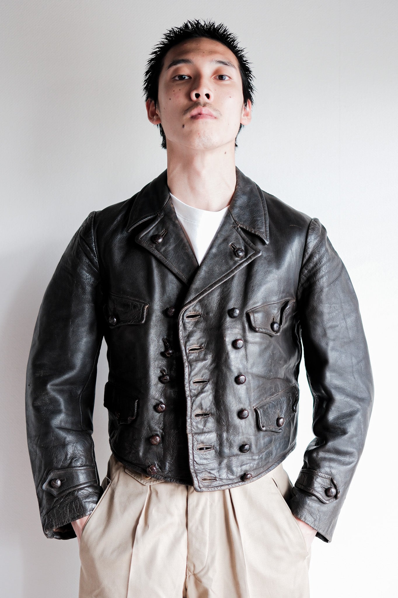 【~40's】German Vintage Double Breasted Motorcycle Leather Jacket