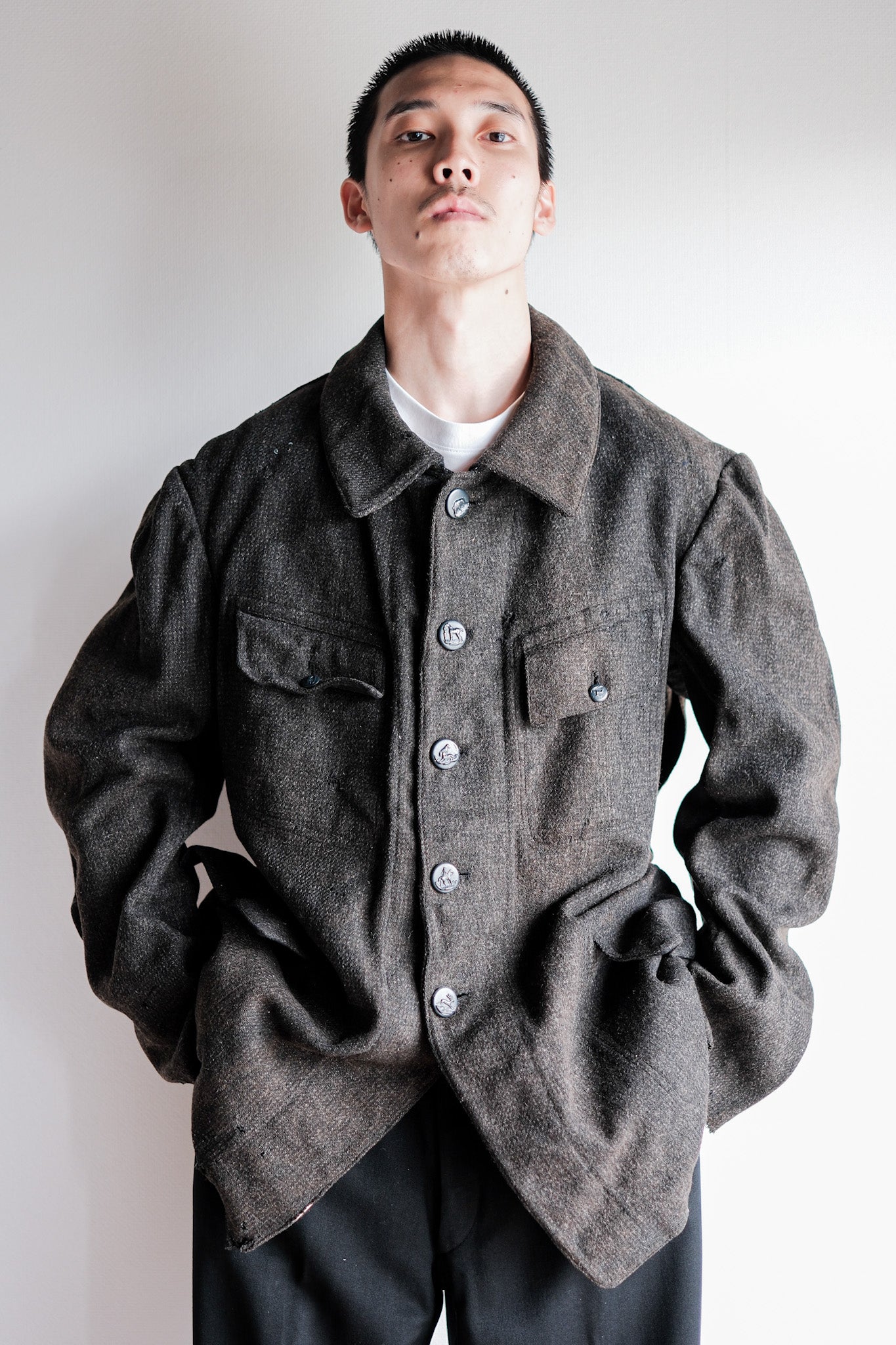 【~30's】French Vintage Gray Wool Hunting Jacket With Chin Strap "Boro"